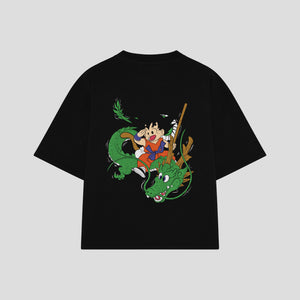 Playera streetwear premium de anime y gaming ExtraLife MX, corte boxy oversized drop shoulder heavyweight en color Deep Black y Off-White, moda urbana mexicana de culto.