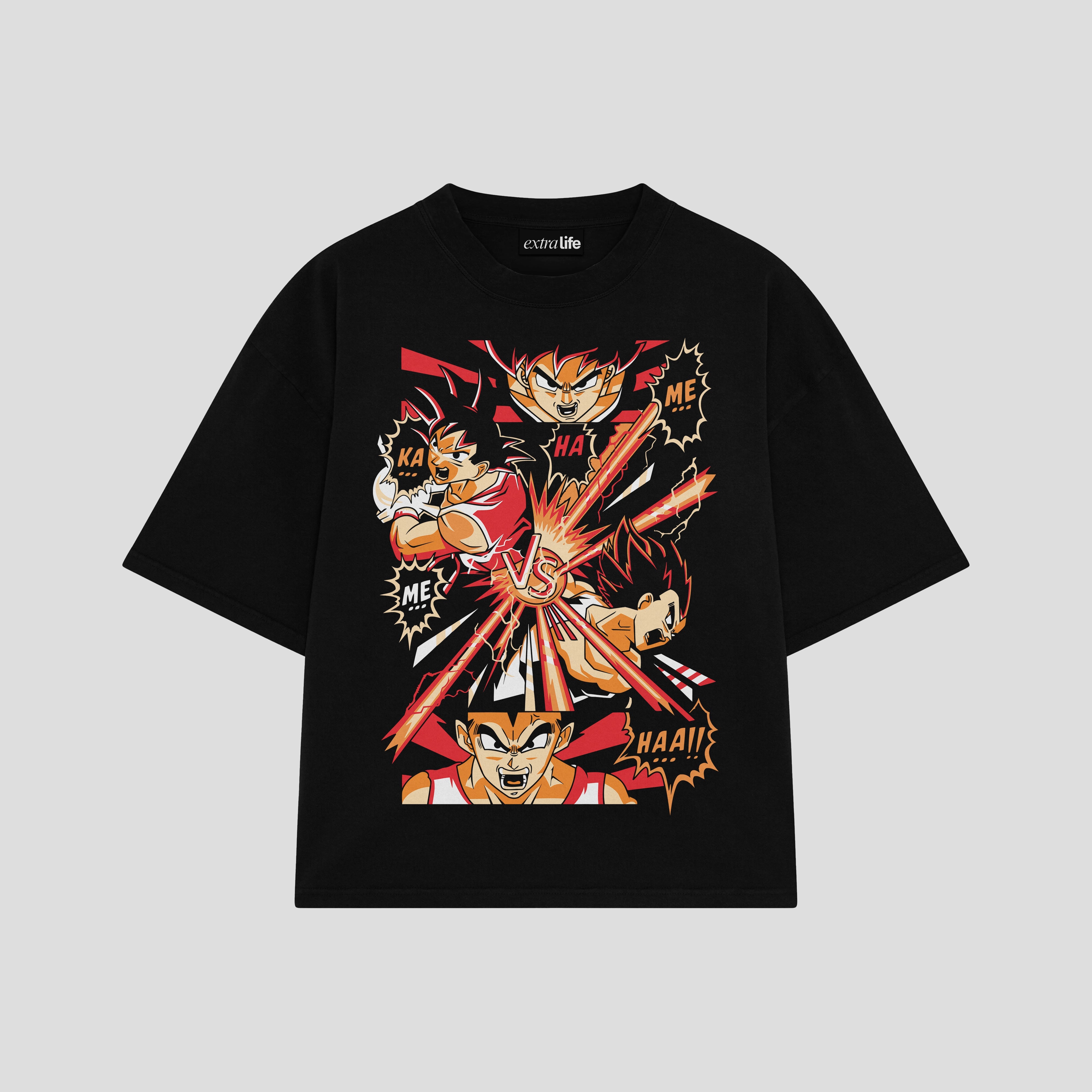 Playera streetwear premium de anime y gaming ExtraLife MX, corte boxy oversized drop shoulder heavyweight en color Deep Black y Off-White, moda urbana mexicana de culto.