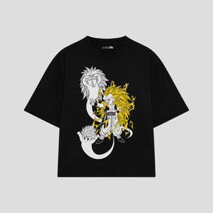 Playera streetwear premium de anime y gaming ExtraLife MX, corte boxy oversized drop shoulder heavyweight en color Deep Black y Off-White, moda urbana mexicana de culto.