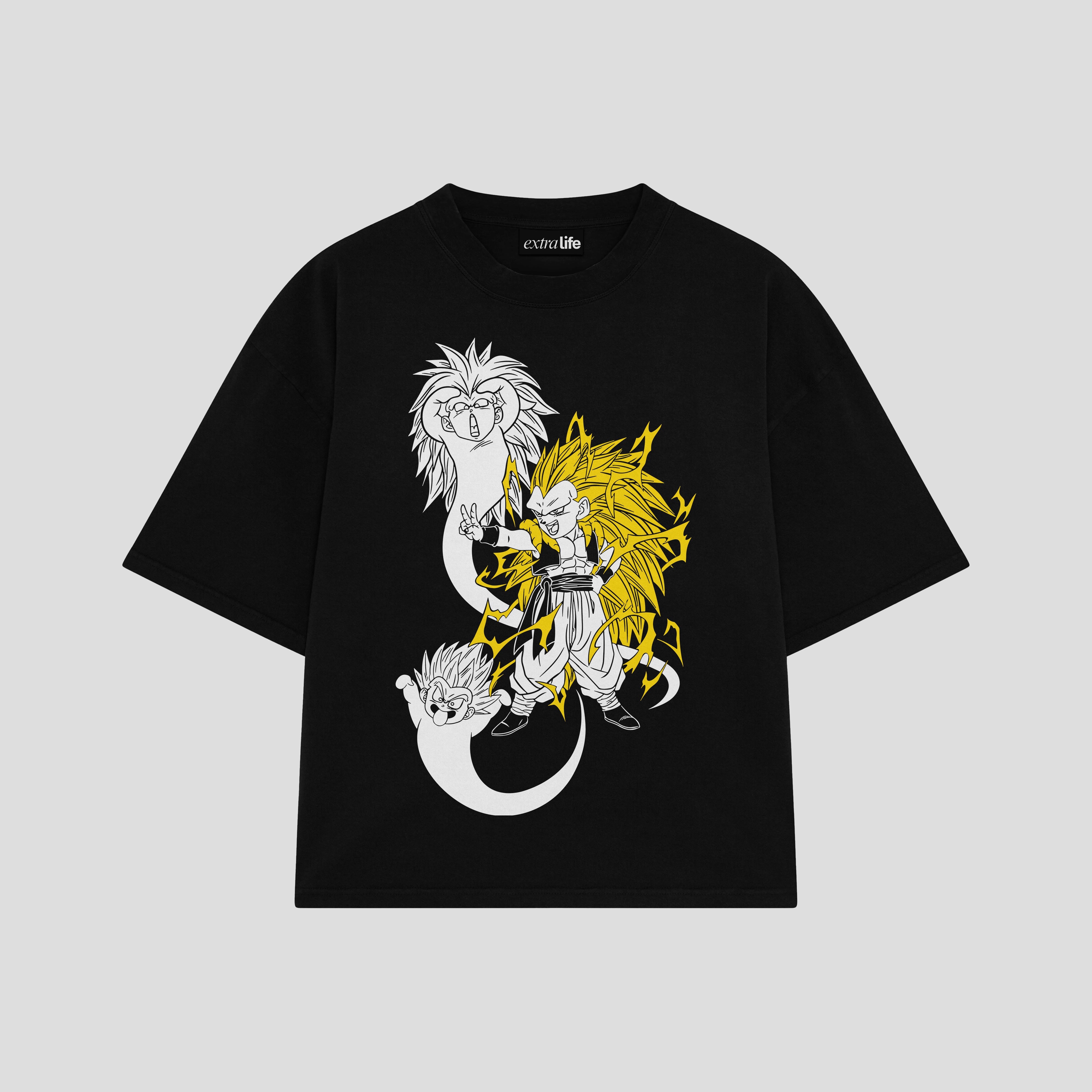Playera streetwear premium de anime y gaming ExtraLife MX, corte boxy oversized drop shoulder heavyweight en color Deep Black y Off-White, moda urbana mexicana de culto.