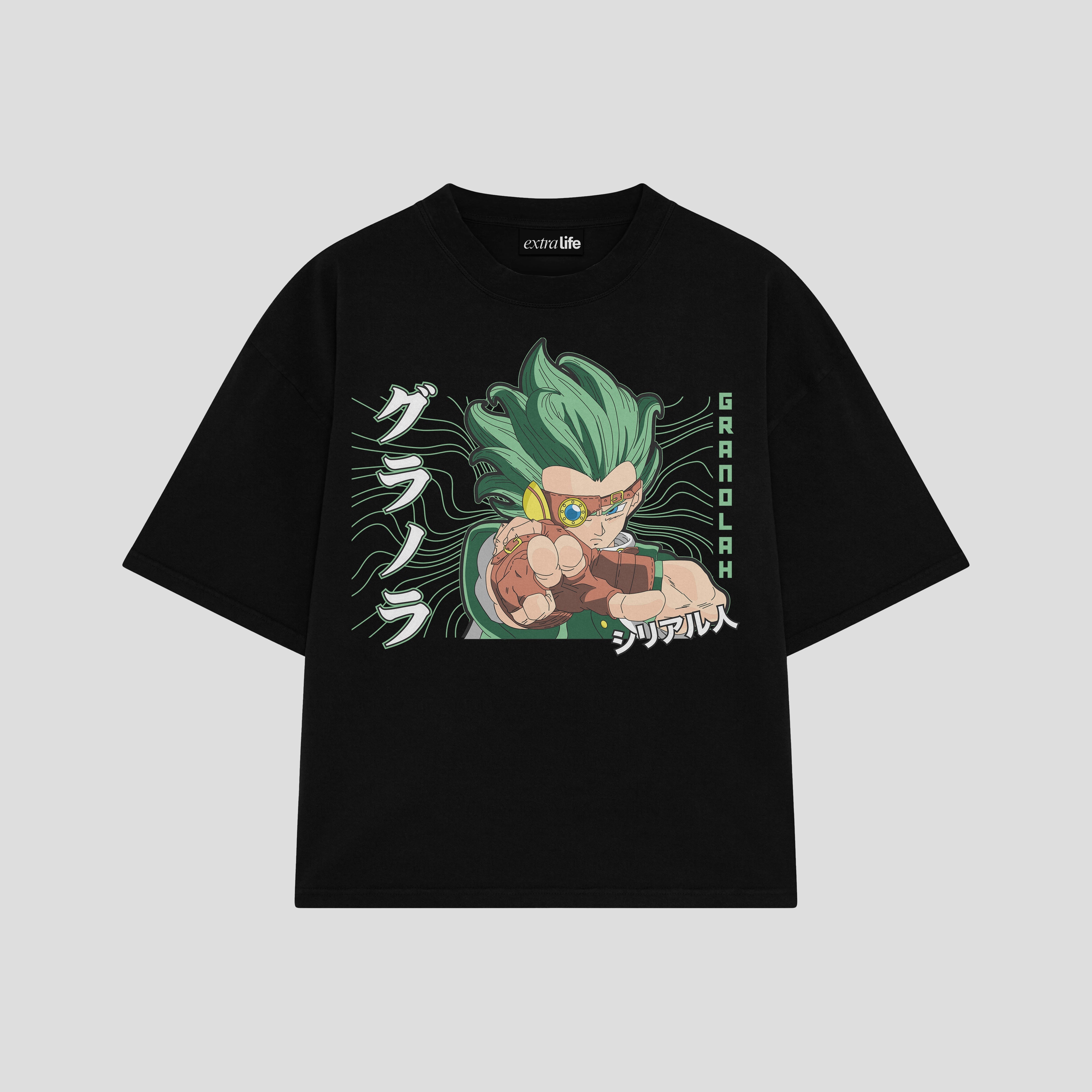 Playera streetwear premium de anime y gaming ExtraLife MX, corte boxy oversized drop shoulder heavyweight en color Deep Black y Off-White, moda urbana mexicana de culto.