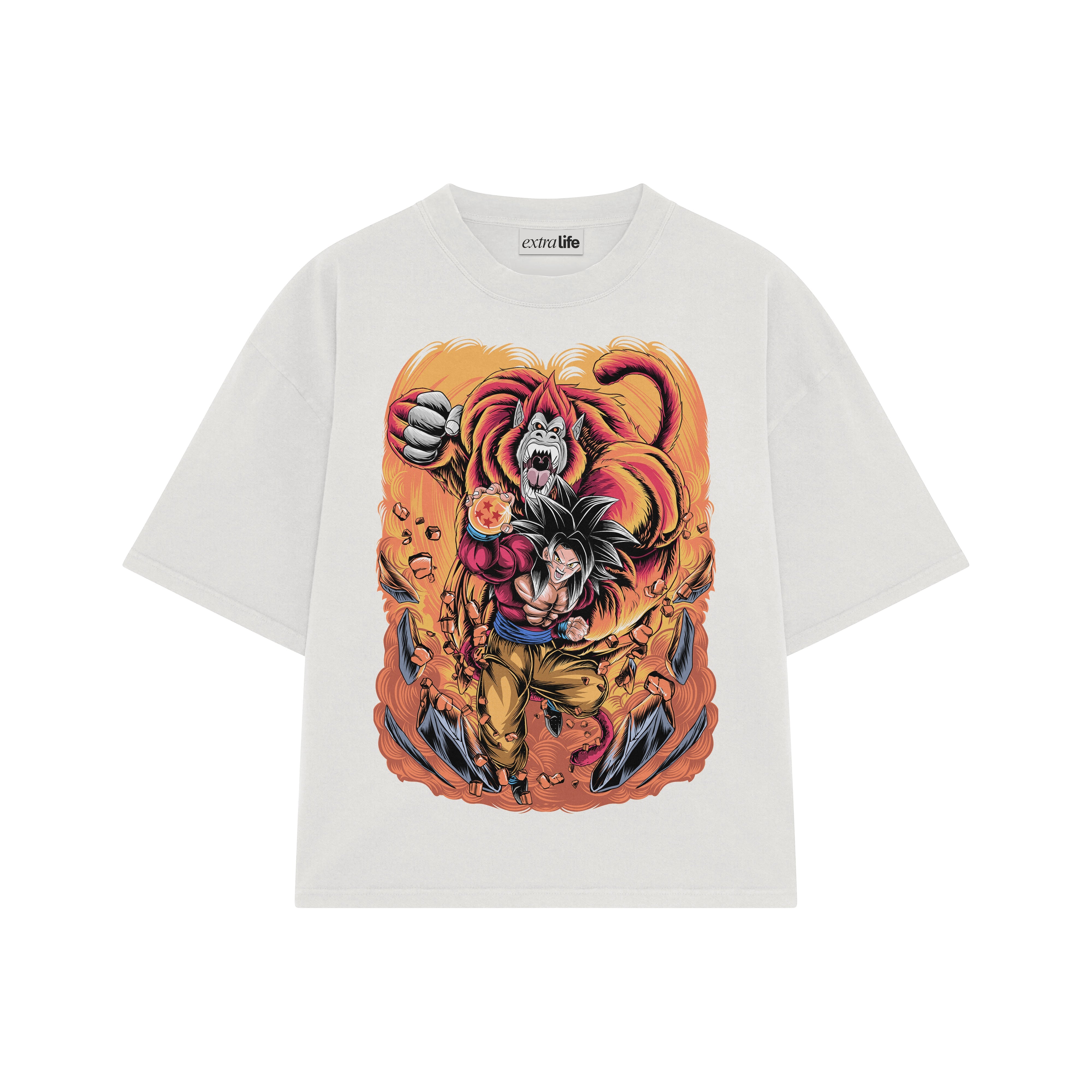 Playera streetwear premium de anime y gaming ExtraLife MX, corte boxy oversized drop shoulder heavyweight en color Deep Black y Off-White, moda urbana mexicana de culto.