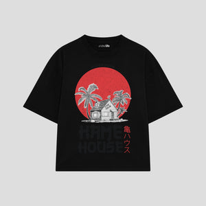 Playera streetwear premium de anime y gaming ExtraLife MX, corte boxy oversized drop shoulder heavyweight en color Deep Black y Off-White, moda urbana mexicana de culto.
