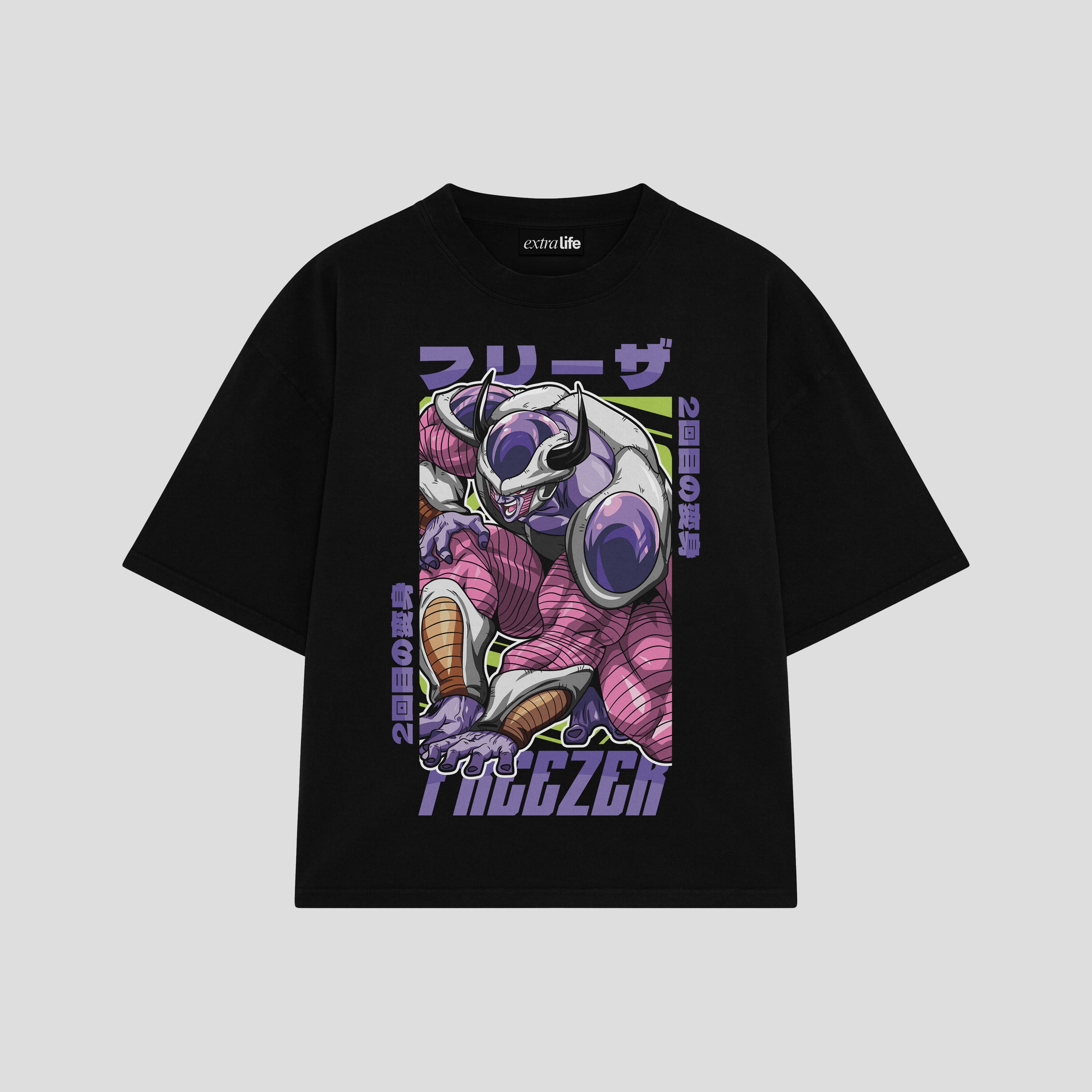 Playera streetwear premium de anime y gaming ExtraLife MX, corte boxy oversized drop shoulder heavyweight en color Deep Black y Off-White, moda urbana mexicana de culto.