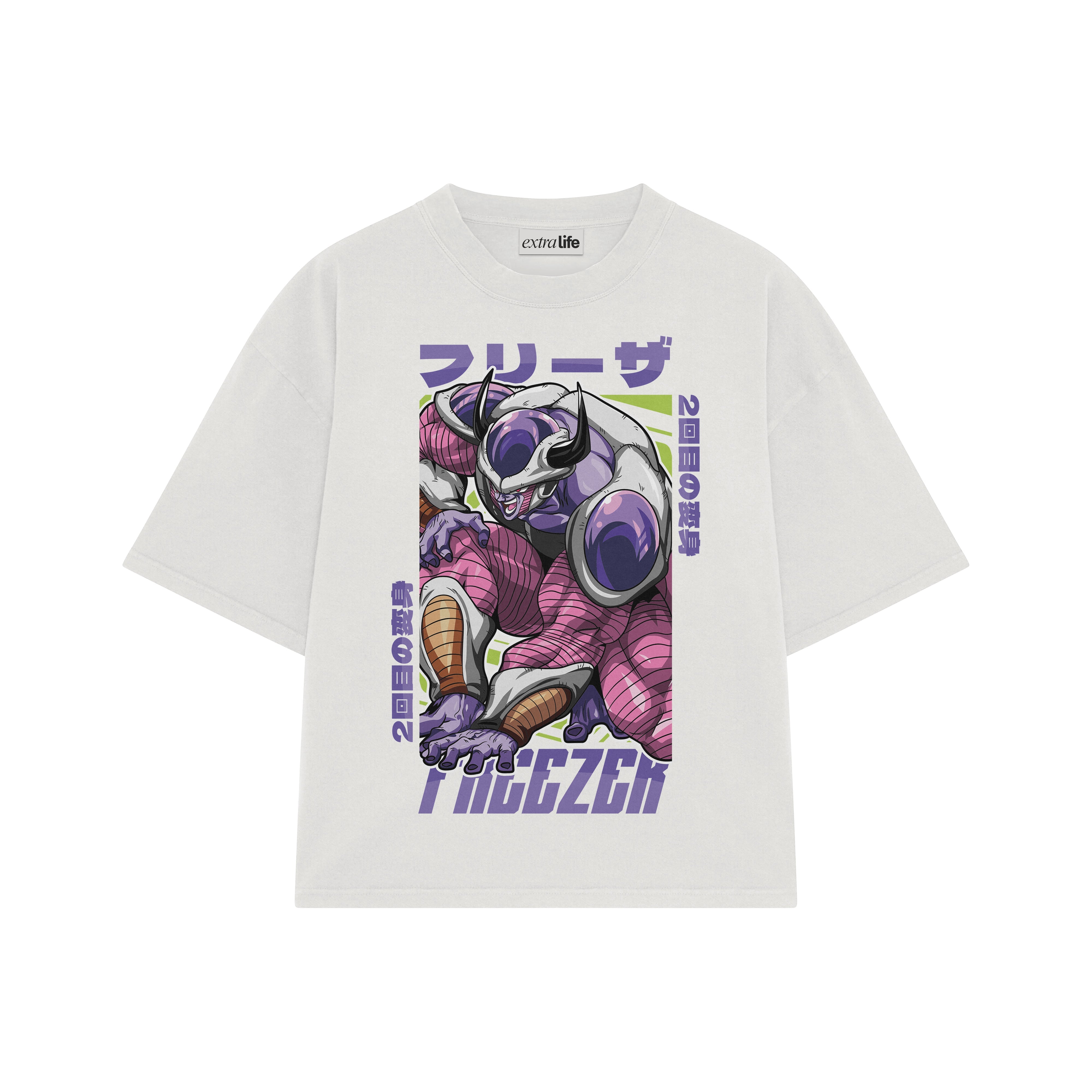 Playera streetwear premium de anime y gaming ExtraLife MX, corte boxy oversized drop shoulder heavyweight en color Deep Black y Off-White, moda urbana mexicana de culto.