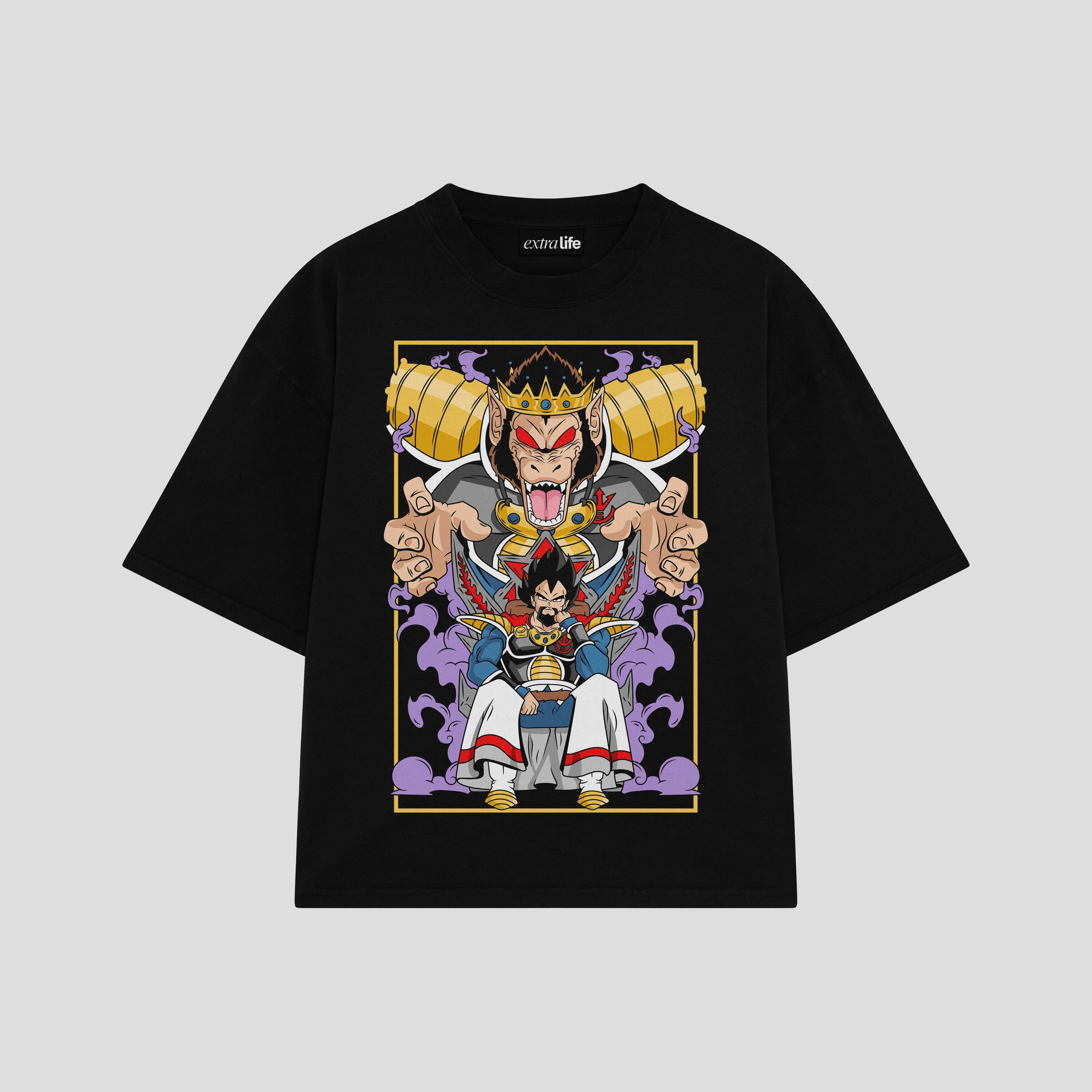 Playera streetwear premium de anime y gaming ExtraLife MX, corte boxy oversized drop shoulder heavyweight en color Deep Black y Off-White, moda urbana mexicana de culto.