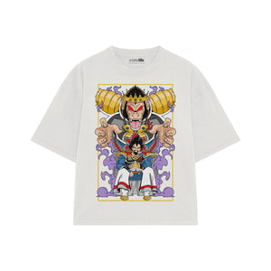 Playera streetwear premium de anime y gaming ExtraLife MX, corte boxy oversized drop shoulder heavyweight en color Deep Black y Off-White, moda urbana mexicana de culto.