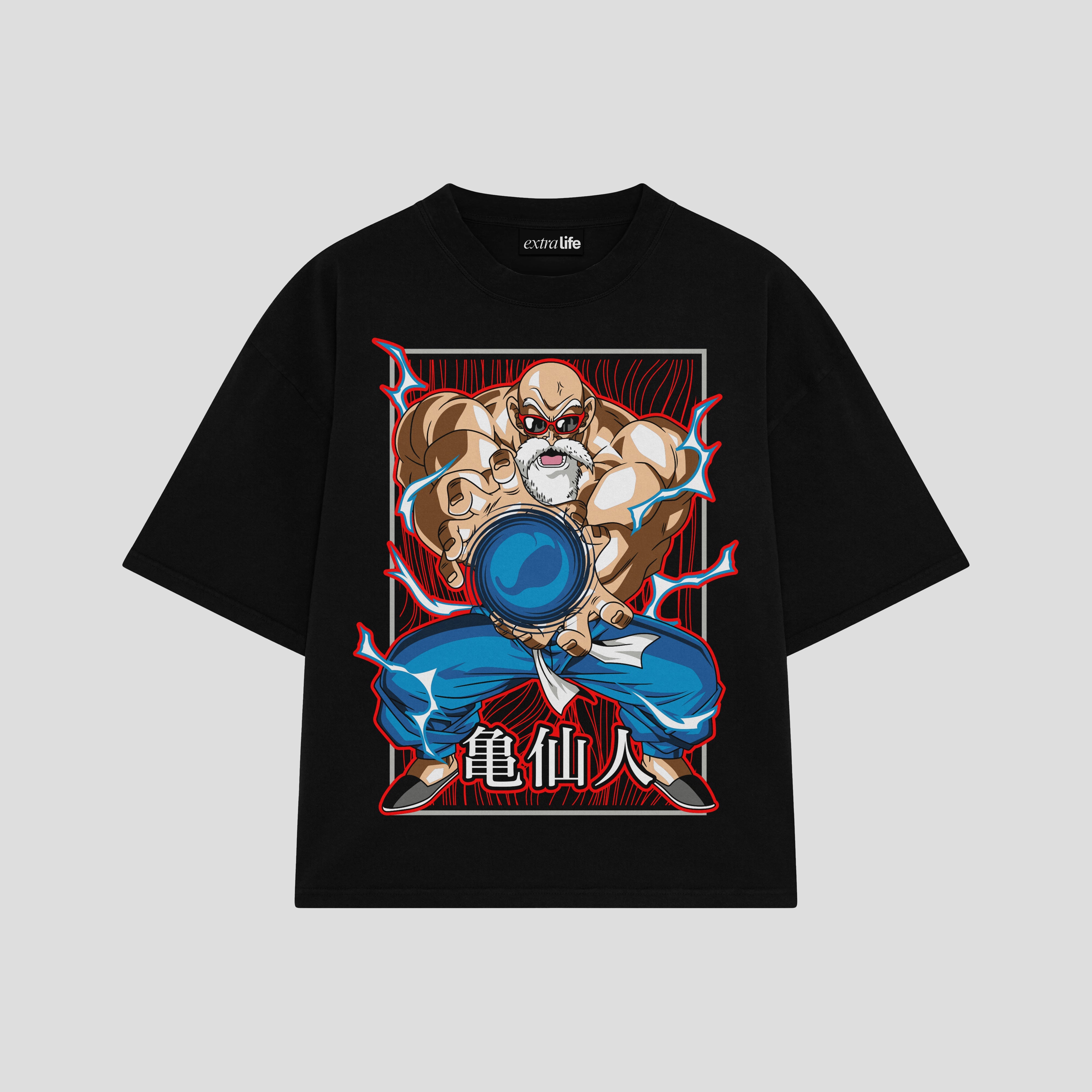 Playera streetwear premium de anime y gaming ExtraLife MX, corte boxy oversized drop shoulder heavyweight en color Deep Black y Off-White, moda urbana mexicana de culto.