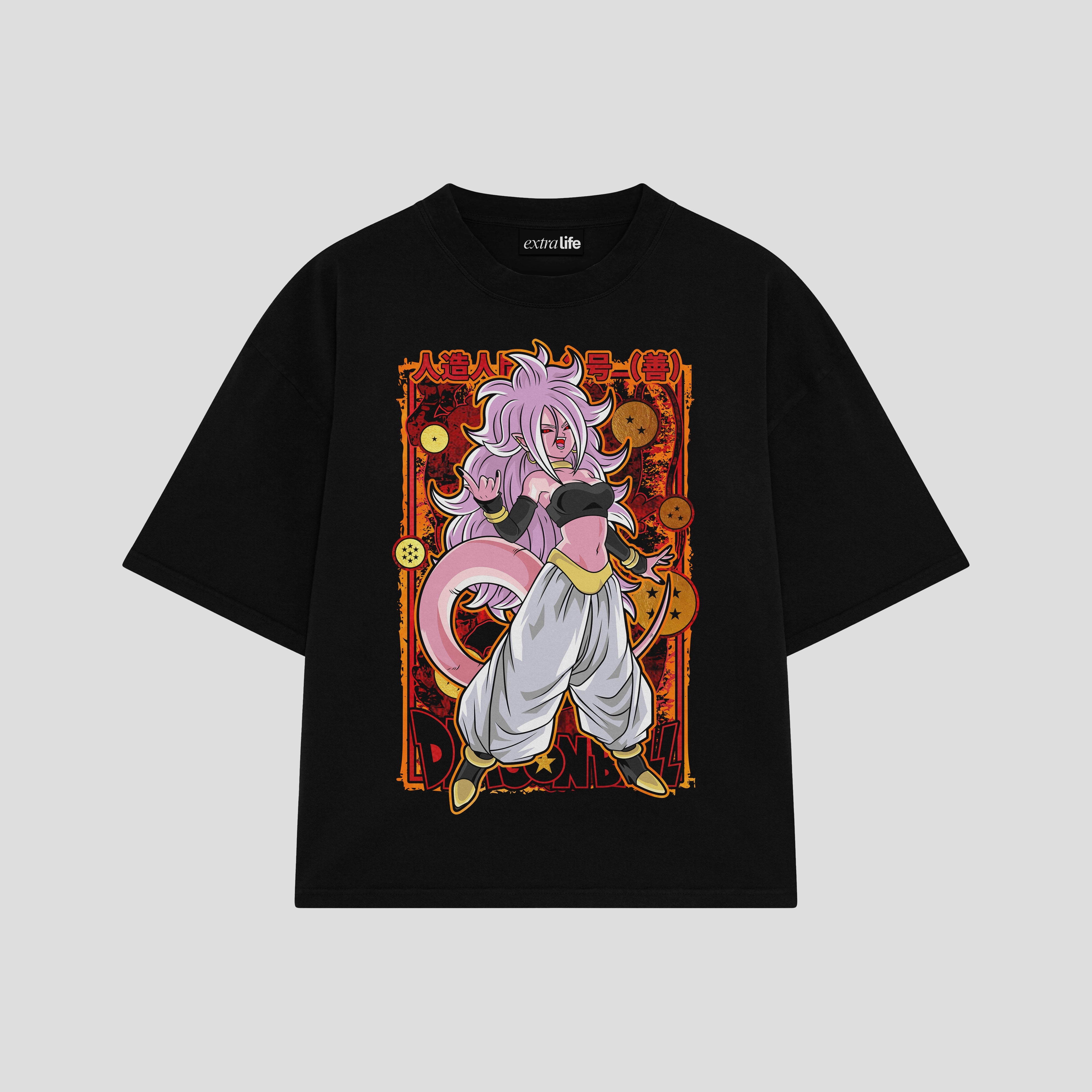 Playera streetwear premium de anime y gaming ExtraLife MX, corte boxy oversized drop shoulder heavyweight en color Deep Black y Off-White, moda urbana mexicana de culto.