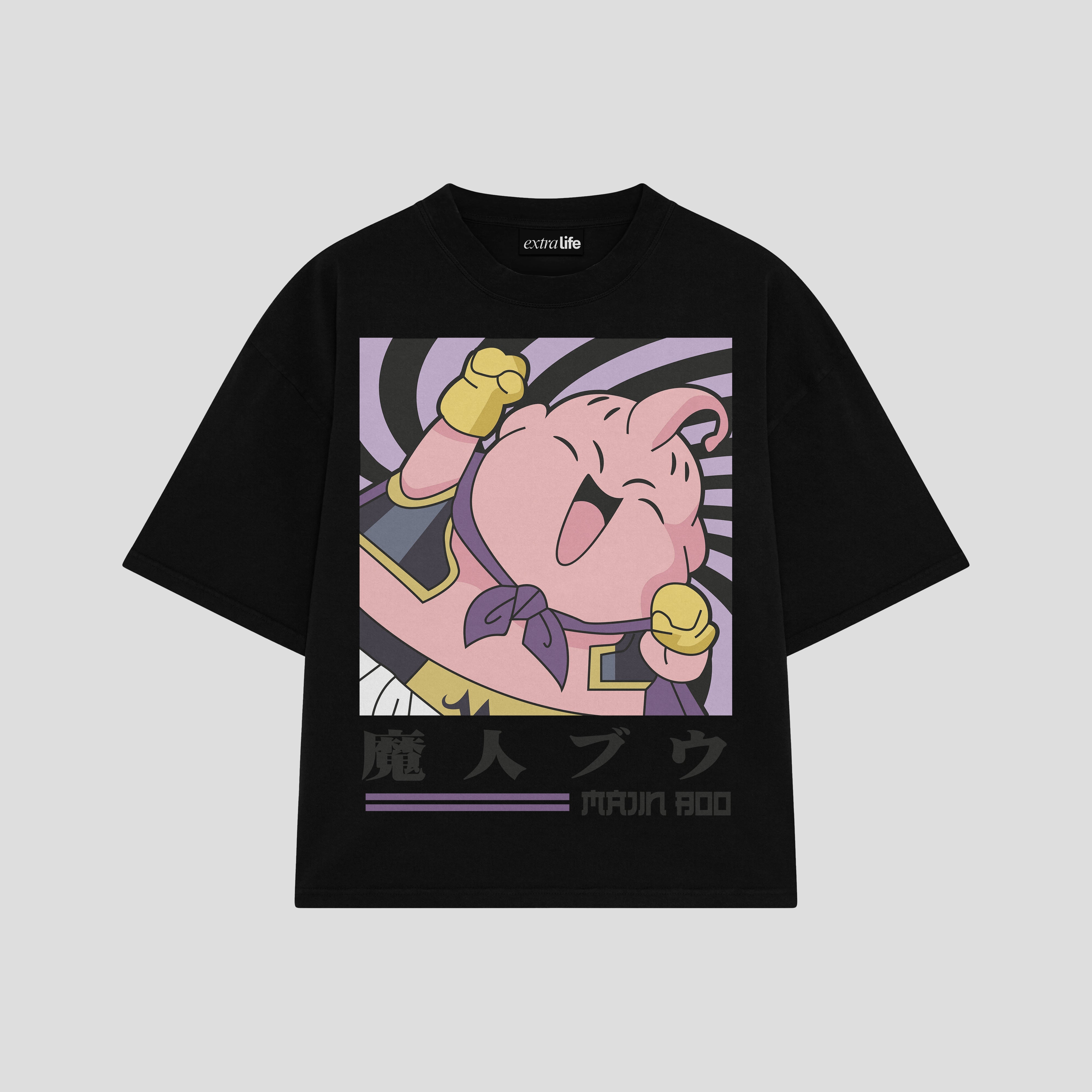 Playera streetwear premium de anime y gaming ExtraLife MX, corte boxy oversized drop shoulder heavyweight en color Deep Black y Off-White, moda urbana mexicana de culto.