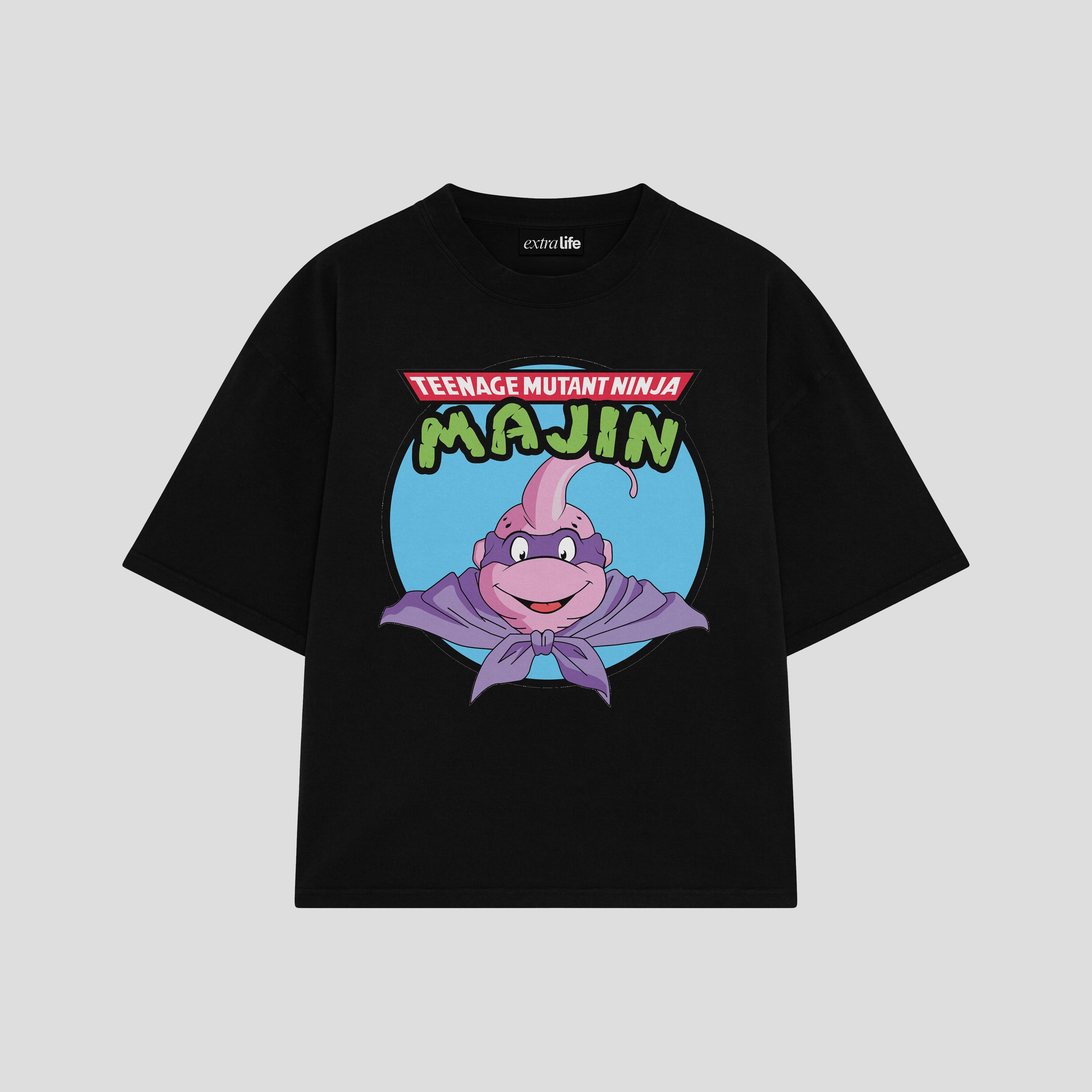 Playera streetwear premium de anime y gaming ExtraLife MX, corte boxy oversized drop shoulder heavyweight en color Deep Black y Off-White, moda urbana mexicana de culto.