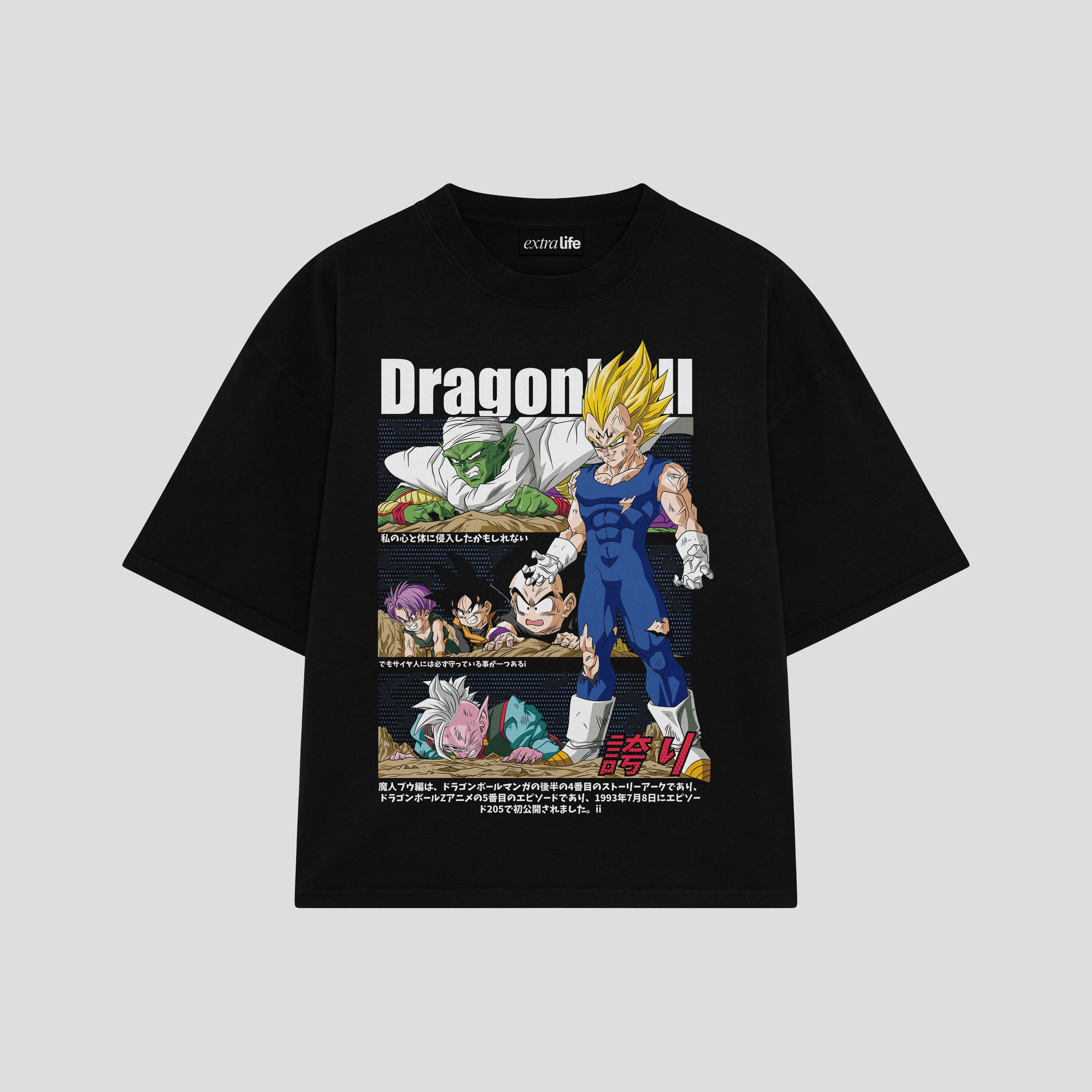 Playera streetwear premium de anime y gaming ExtraLife MX, corte boxy oversized drop shoulder heavyweight en color Deep Black y Off-White, moda urbana mexicana de culto.