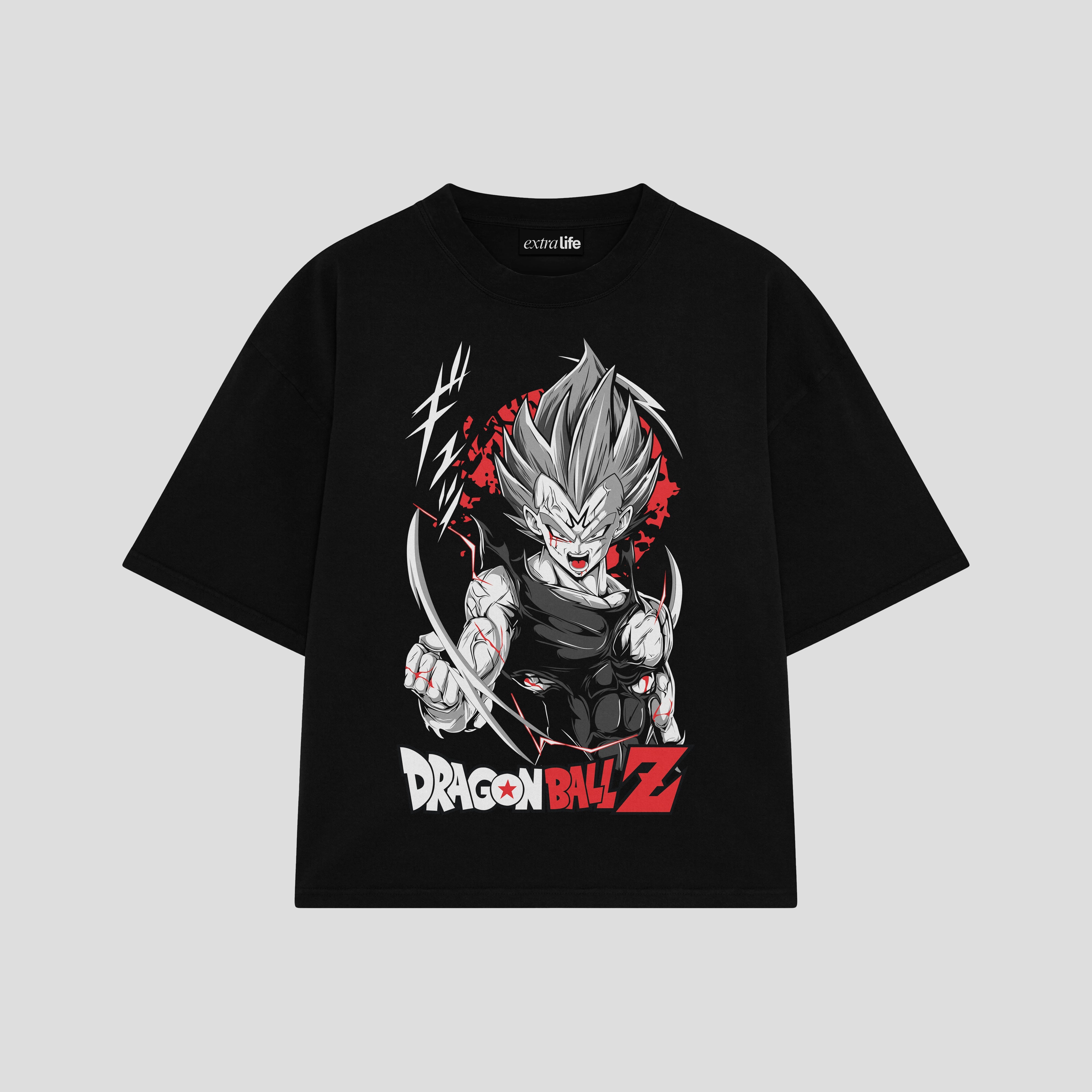 Playera streetwear premium de anime y gaming ExtraLife MX, corte boxy oversized drop shoulder heavyweight en color Deep Black y Off-White, moda urbana mexicana de culto.