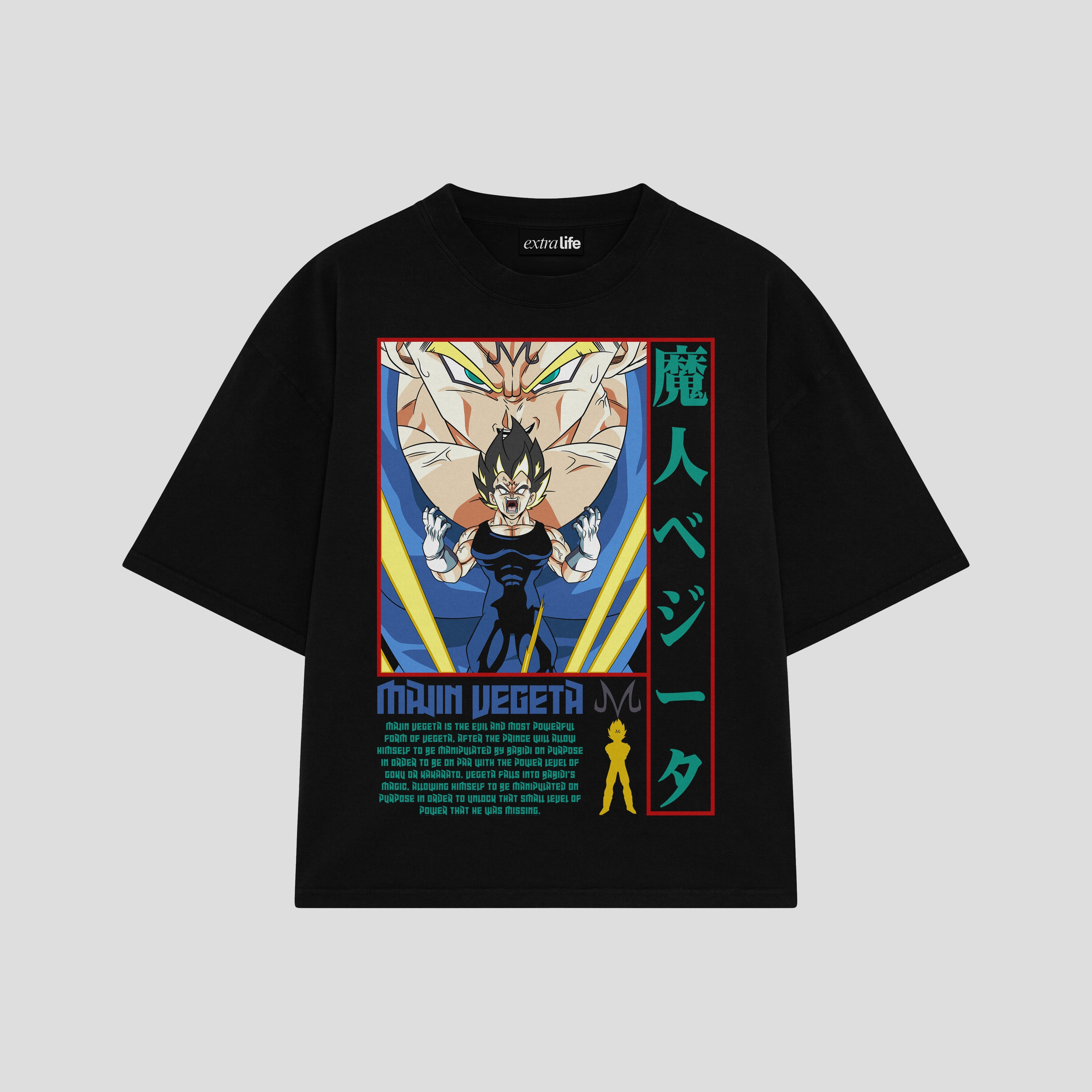 Playera streetwear premium de anime y gaming ExtraLife MX, corte boxy oversized drop shoulder heavyweight en color Deep Black y Off-White, moda urbana mexicana de culto.