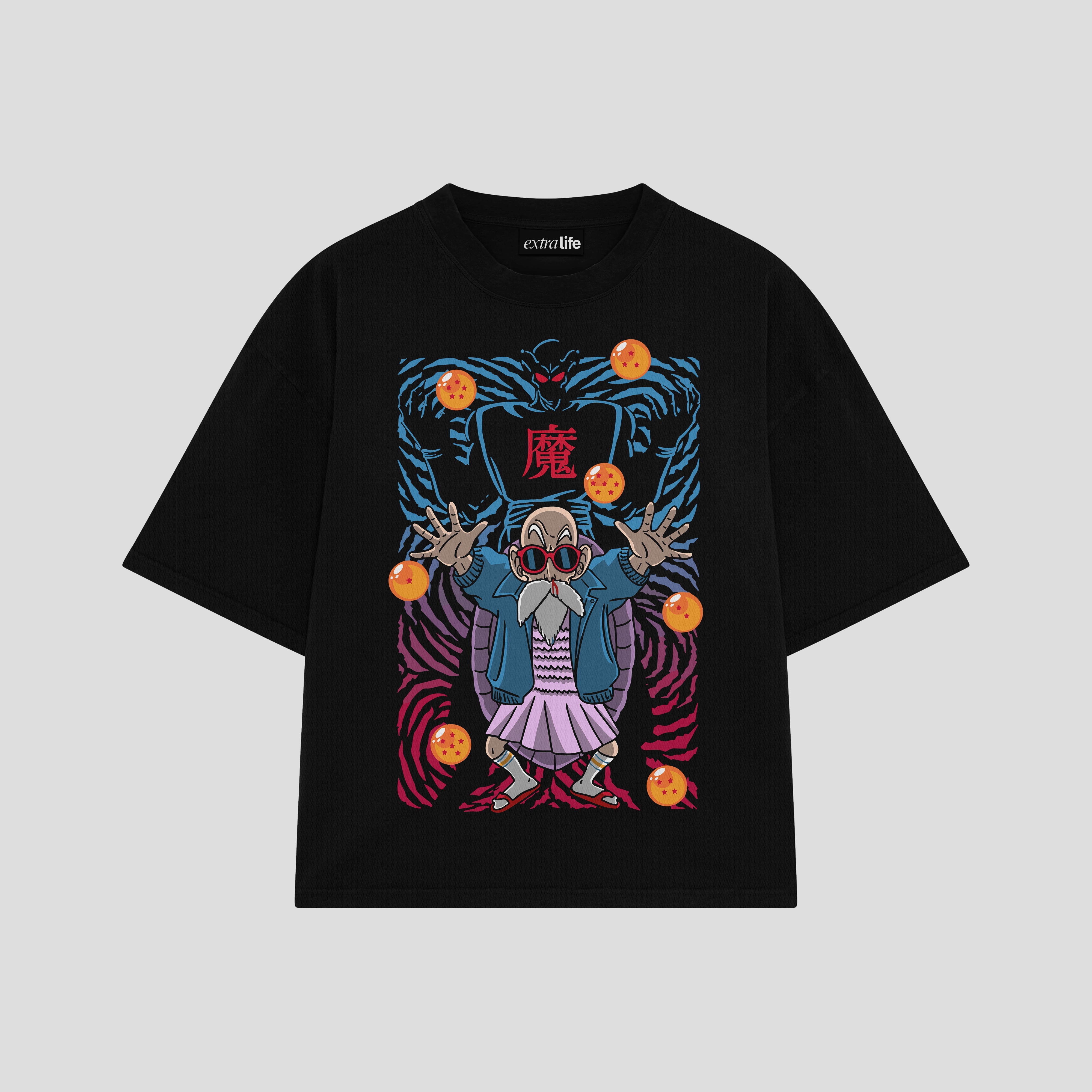 Playera streetwear premium de anime y gaming ExtraLife MX, corte boxy oversized drop shoulder heavyweight en color Deep Black y Off-White, moda urbana mexicana de culto.