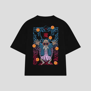 Playera streetwear premium de anime y gaming ExtraLife MX, corte boxy oversized drop shoulder heavyweight en color Deep Black y Off-White, moda urbana mexicana de culto.