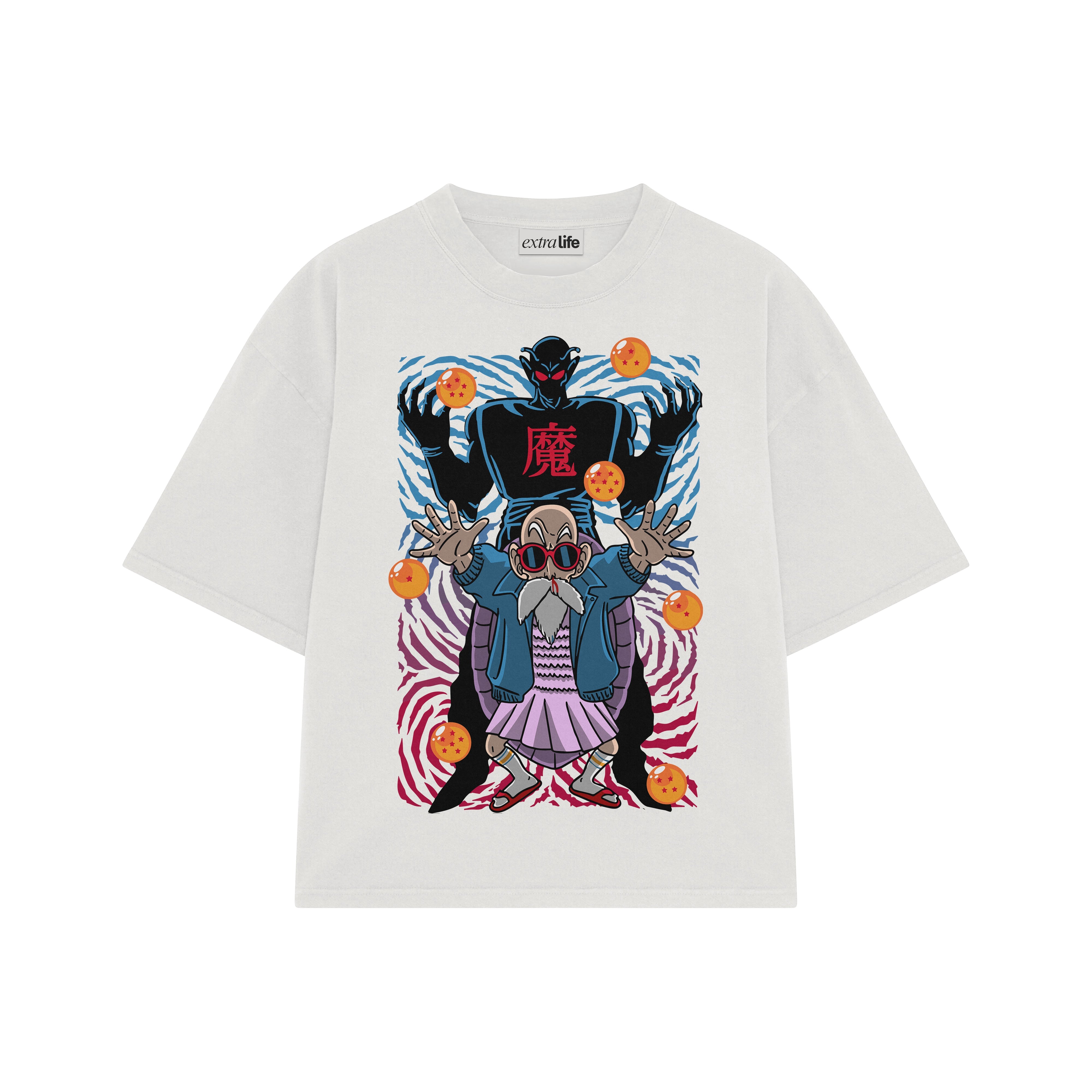 Playera streetwear premium de anime y gaming ExtraLife MX, corte boxy oversized drop shoulder heavyweight en color Deep Black y Off-White, moda urbana mexicana de culto.