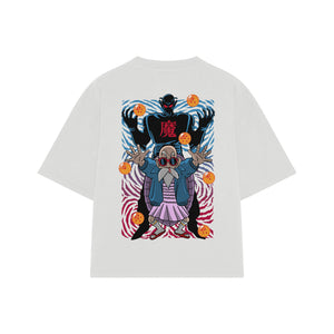 Playera streetwear premium de anime y gaming ExtraLife MX, corte boxy oversized drop shoulder heavyweight en color Deep Black y Off-White, moda urbana mexicana de culto.