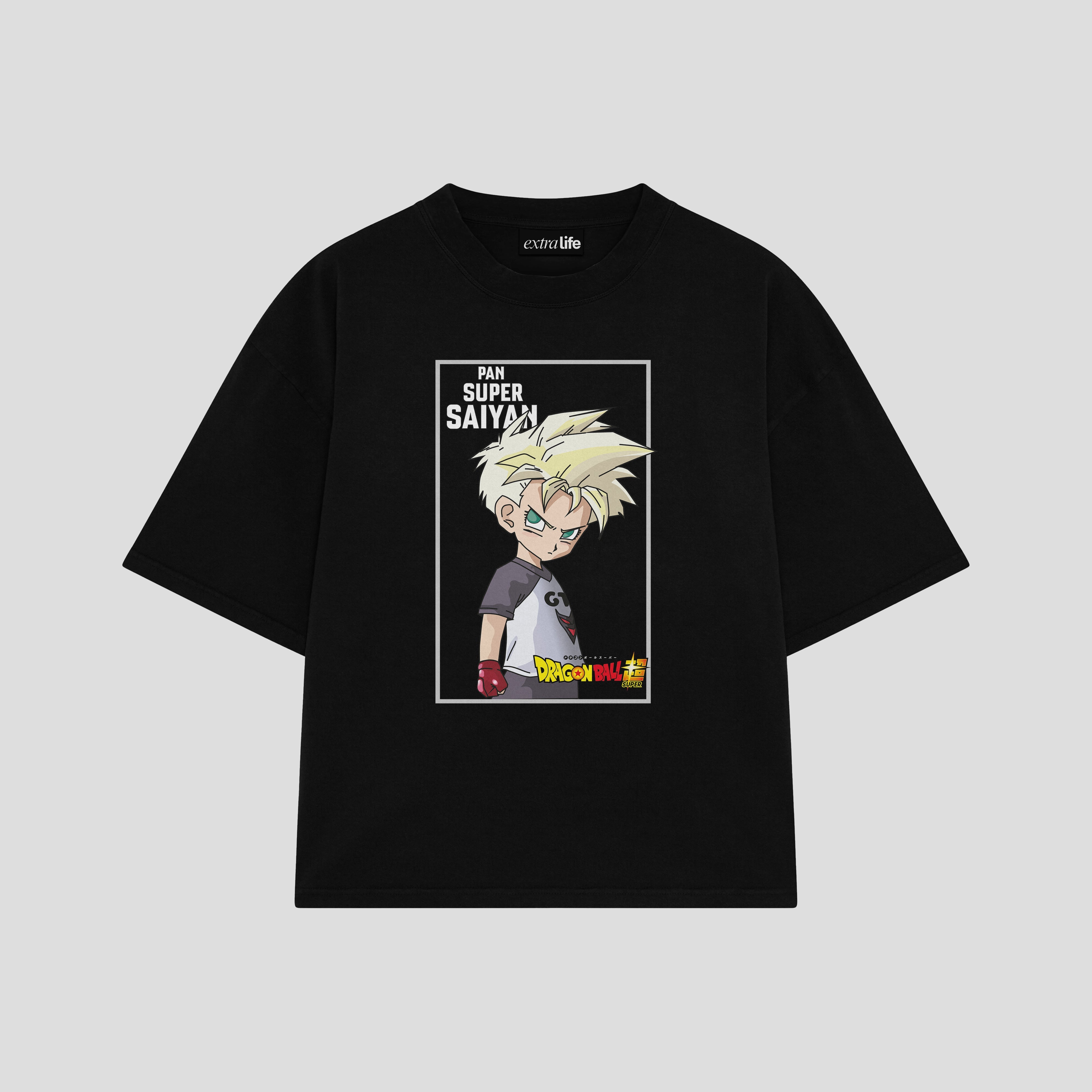 Playera streetwear premium de anime y gaming ExtraLife MX, corte boxy oversized drop shoulder heavyweight en color Deep Black y Off-White, moda urbana mexicana de culto.