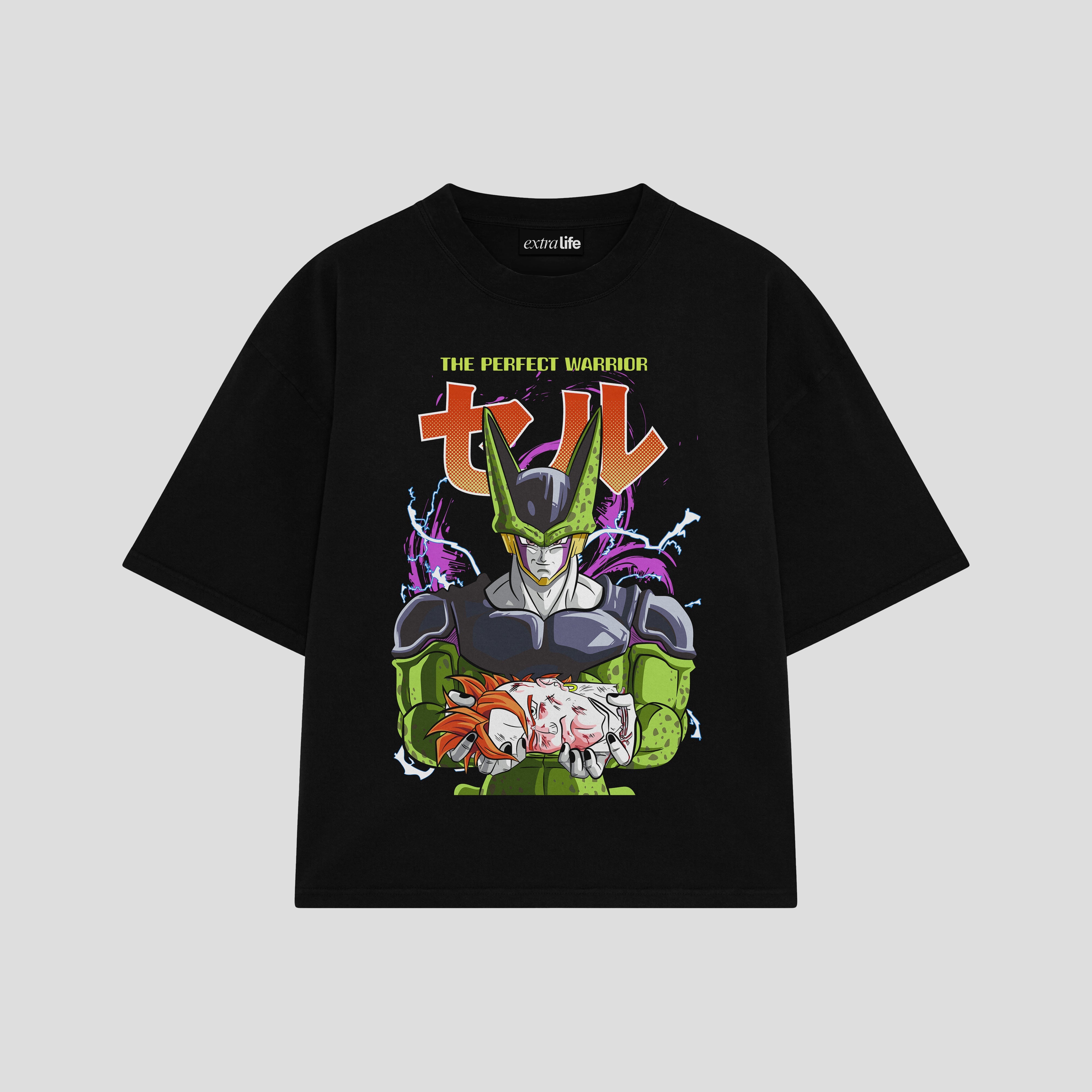 Playera streetwear premium de anime y gaming ExtraLife MX, corte boxy oversized drop shoulder heavyweight en color Deep Black y Off-White, moda urbana mexicana de culto.