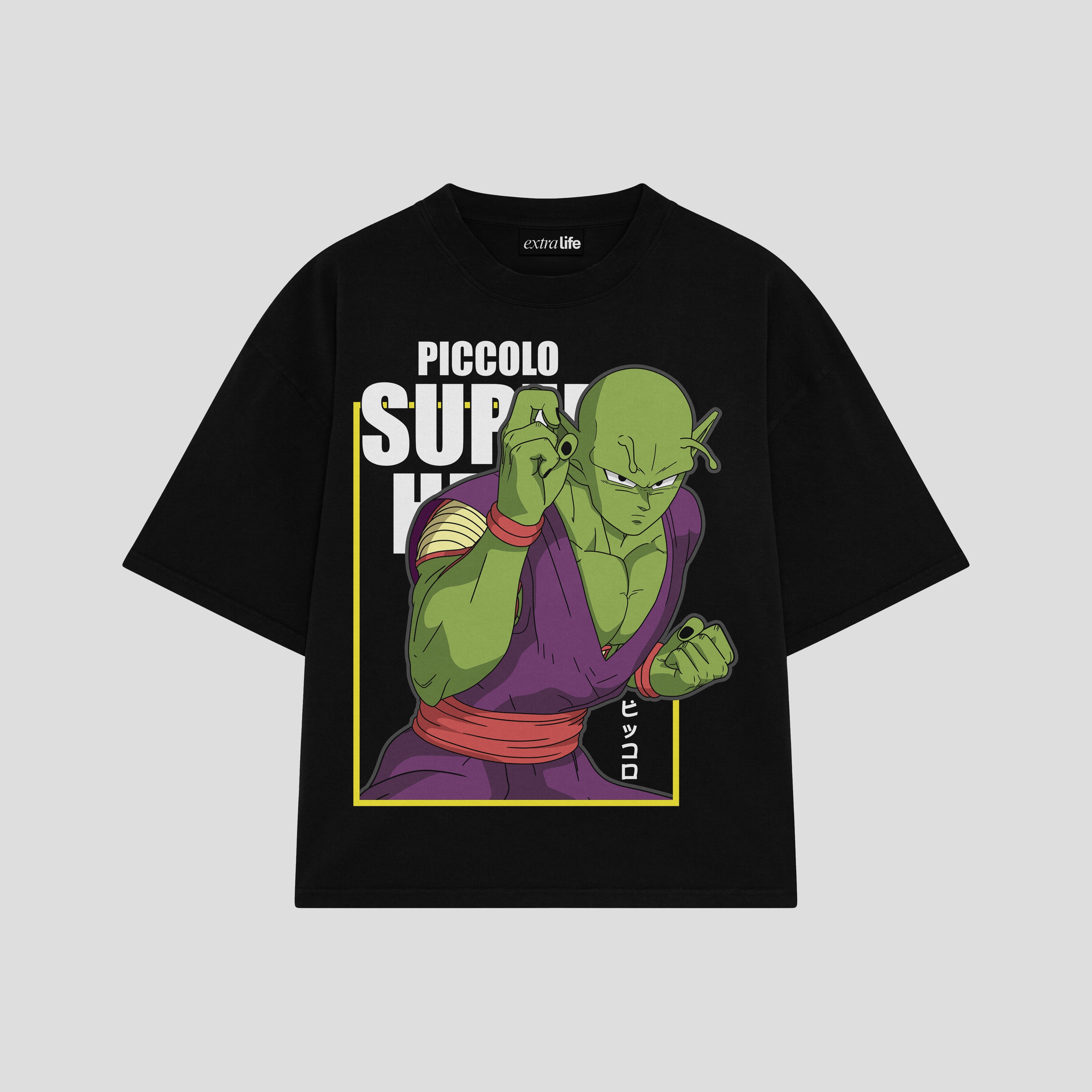 Playera streetwear premium de anime y gaming ExtraLife MX, corte boxy oversized drop shoulder heavyweight en color Deep Black y Off-White, moda urbana mexicana de culto.
