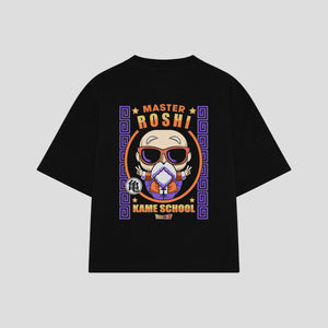 Playera streetwear premium de anime y gaming ExtraLife MX, corte boxy oversized drop shoulder heavyweight en color Deep Black y Off-White, moda urbana mexicana de culto.