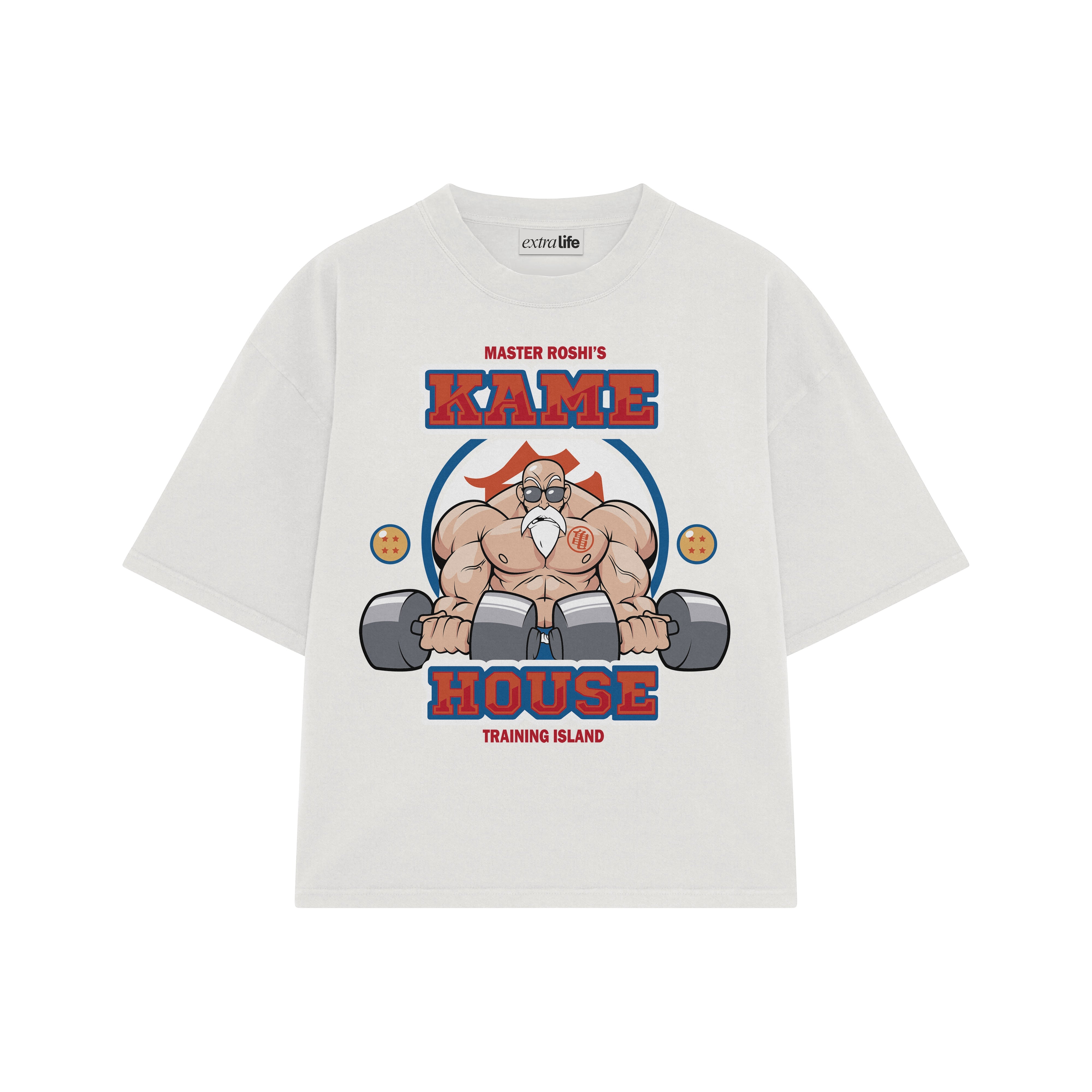 Playera streetwear premium de anime y gaming ExtraLife MX, corte boxy oversized drop shoulder heavyweight en color Deep Black y Off-White, moda urbana mexicana de culto.