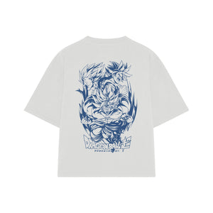 Playera streetwear premium de anime y gaming ExtraLife MX, corte boxy oversized drop shoulder heavyweight en color Deep Black y Off-White, moda urbana mexicana de culto.