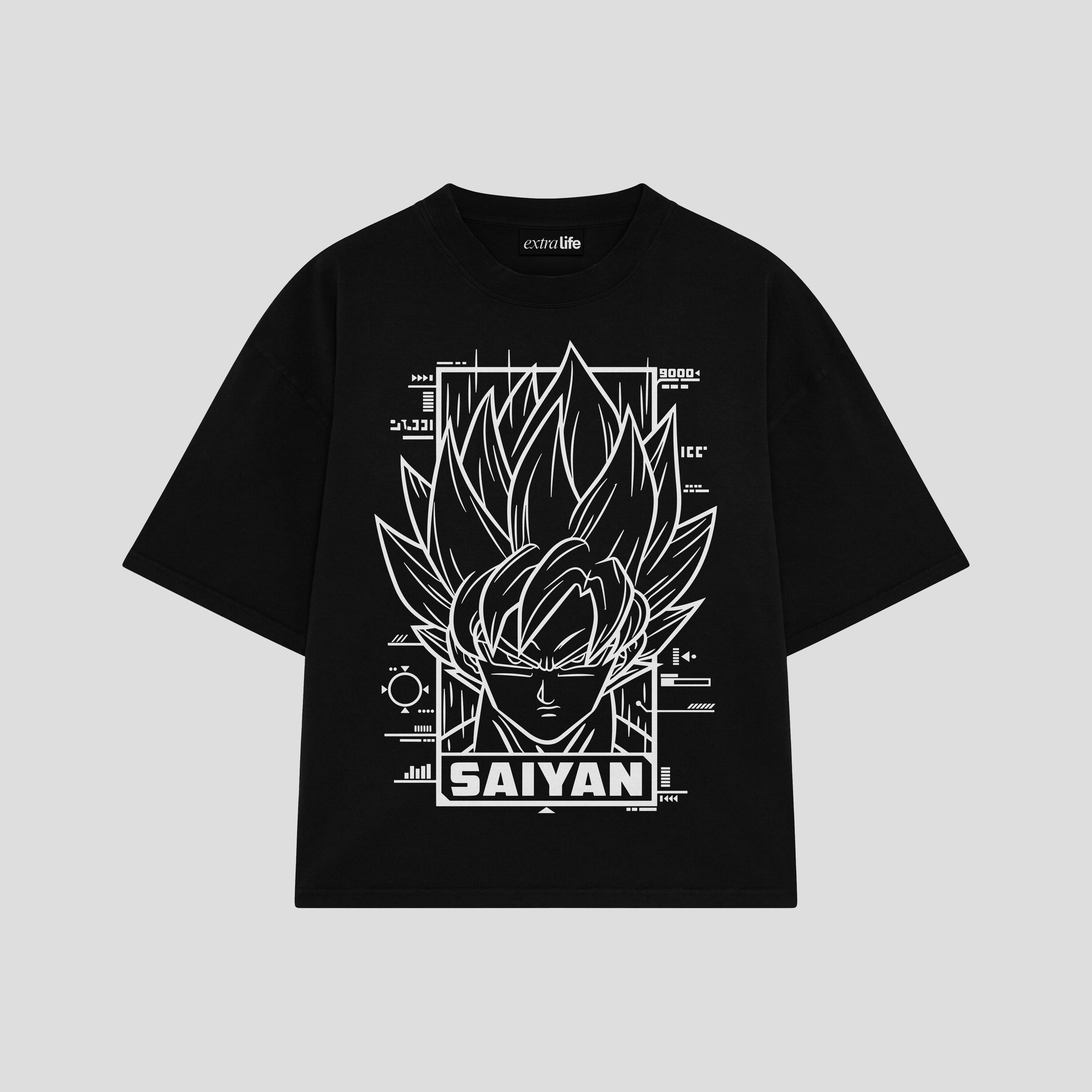Playera streetwear premium de anime y gaming ExtraLife MX, corte boxy oversized drop shoulder heavyweight en color Deep Black y Off-White, moda urbana mexicana de culto.