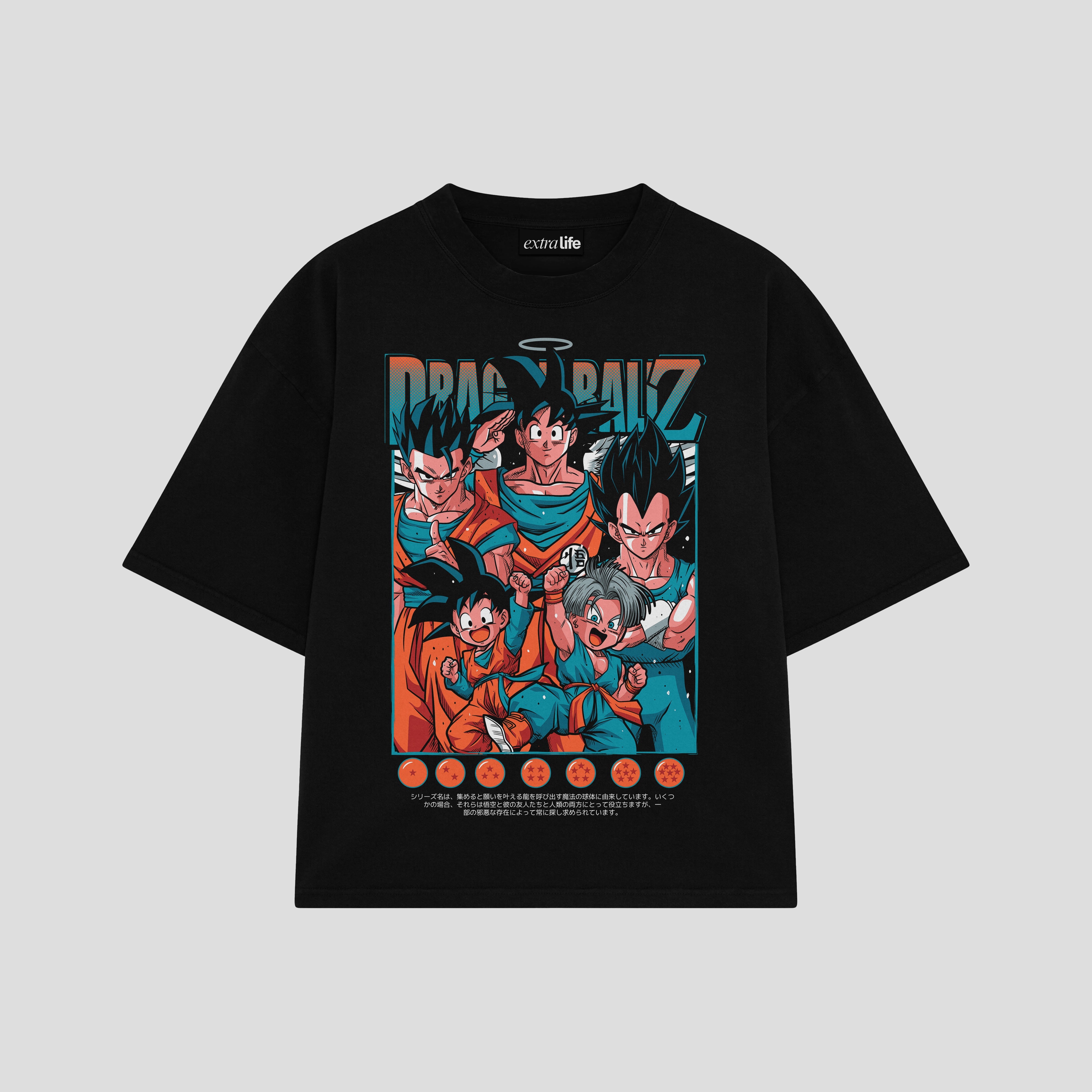 Playera streetwear premium de anime y gaming ExtraLife MX, corte boxy oversized drop shoulder heavyweight en color Deep Black y Off-White, moda urbana mexicana de culto.