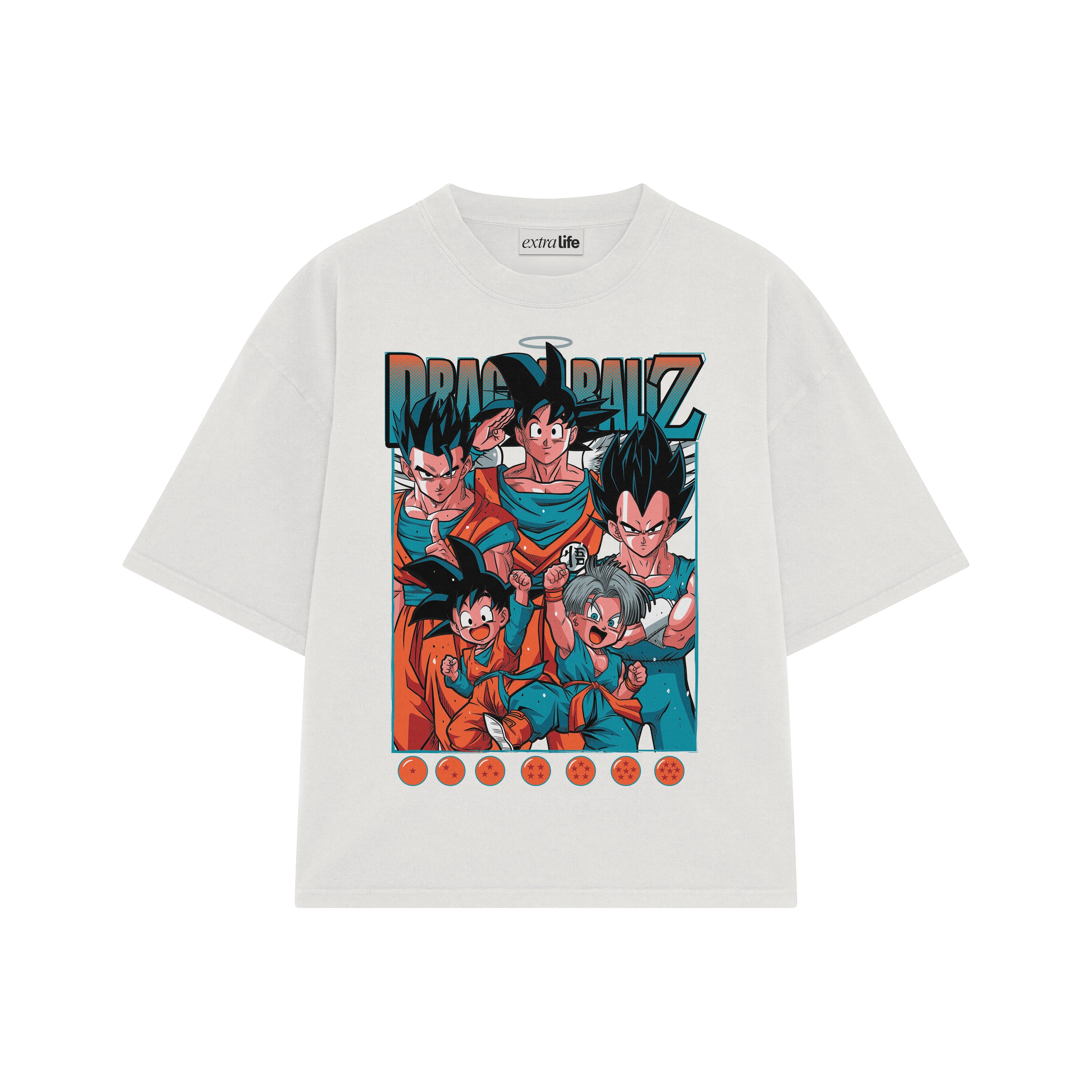 Playera streetwear premium de anime y gaming ExtraLife MX, corte boxy oversized drop shoulder heavyweight en color Deep Black y Off-White, moda urbana mexicana de culto.