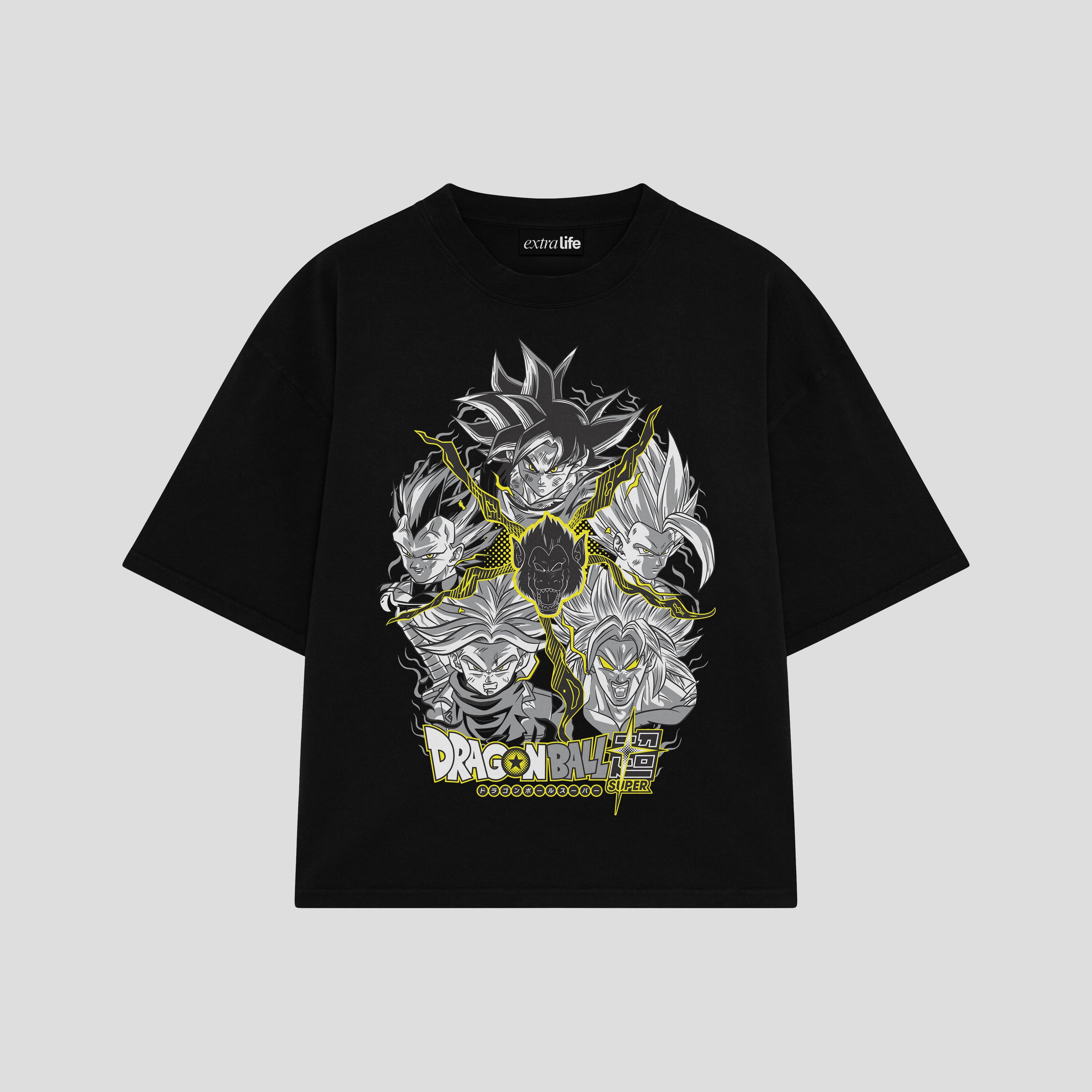 Playera streetwear premium de anime y gaming ExtraLife MX, corte boxy oversized drop shoulder heavyweight en color Deep Black y Off-White, moda urbana mexicana de culto.