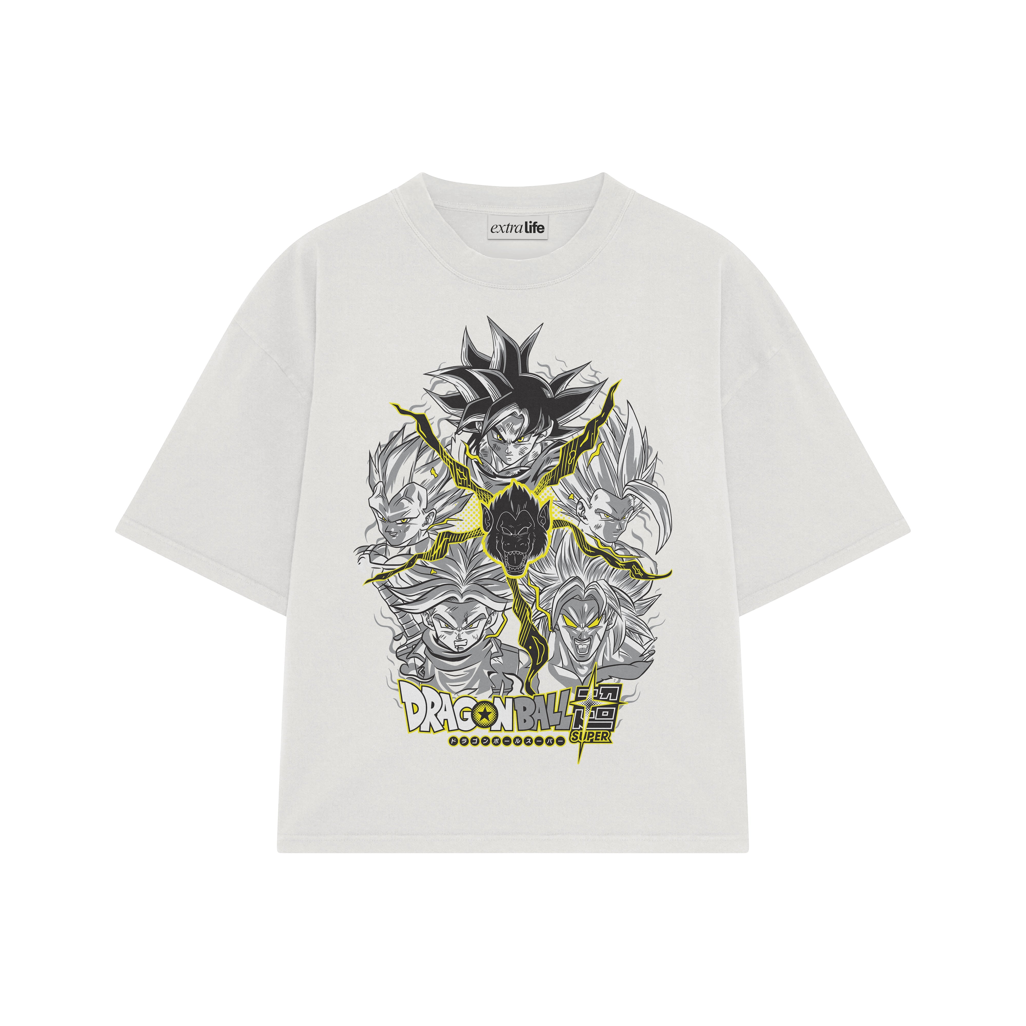 Playera streetwear premium de anime y gaming ExtraLife MX, corte boxy oversized drop shoulder heavyweight en color Deep Black y Off-White, moda urbana mexicana de culto.