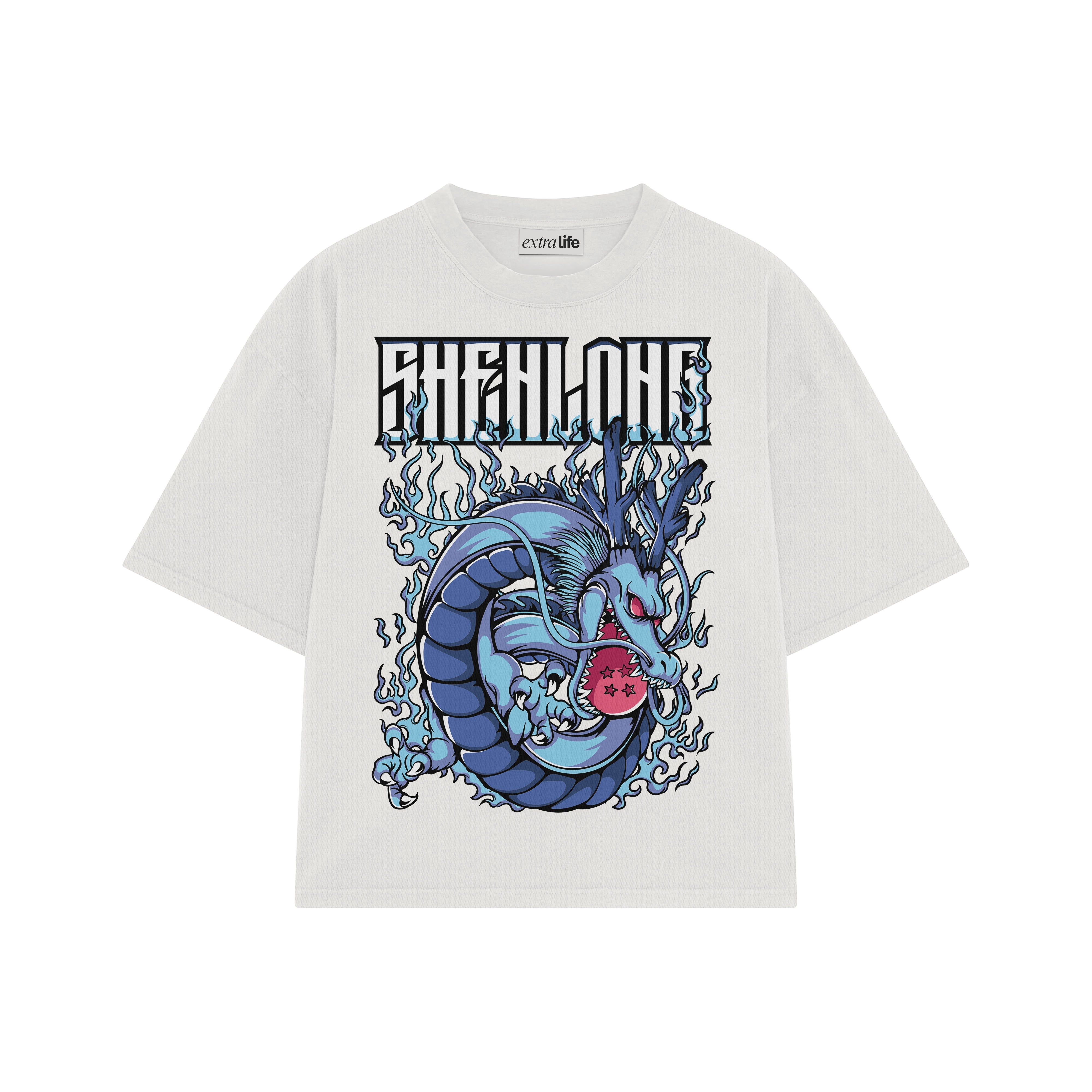 Playera streetwear premium de anime y gaming ExtraLife MX, corte boxy oversized drop shoulder heavyweight en color Deep Black y Off-White, moda urbana mexicana de culto.