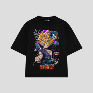 Playera streetwear premium de anime y gaming ExtraLife MX, corte boxy oversized drop shoulder heavyweight en color Deep Black y Off-White, moda urbana mexicana de culto.