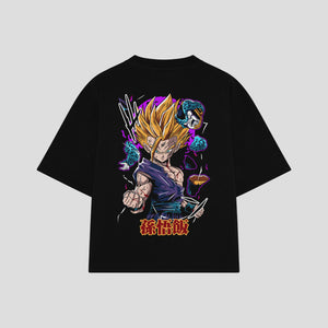 Playera streetwear premium de anime y gaming ExtraLife MX, corte boxy oversized drop shoulder heavyweight en color Deep Black y Off-White, moda urbana mexicana de culto.
