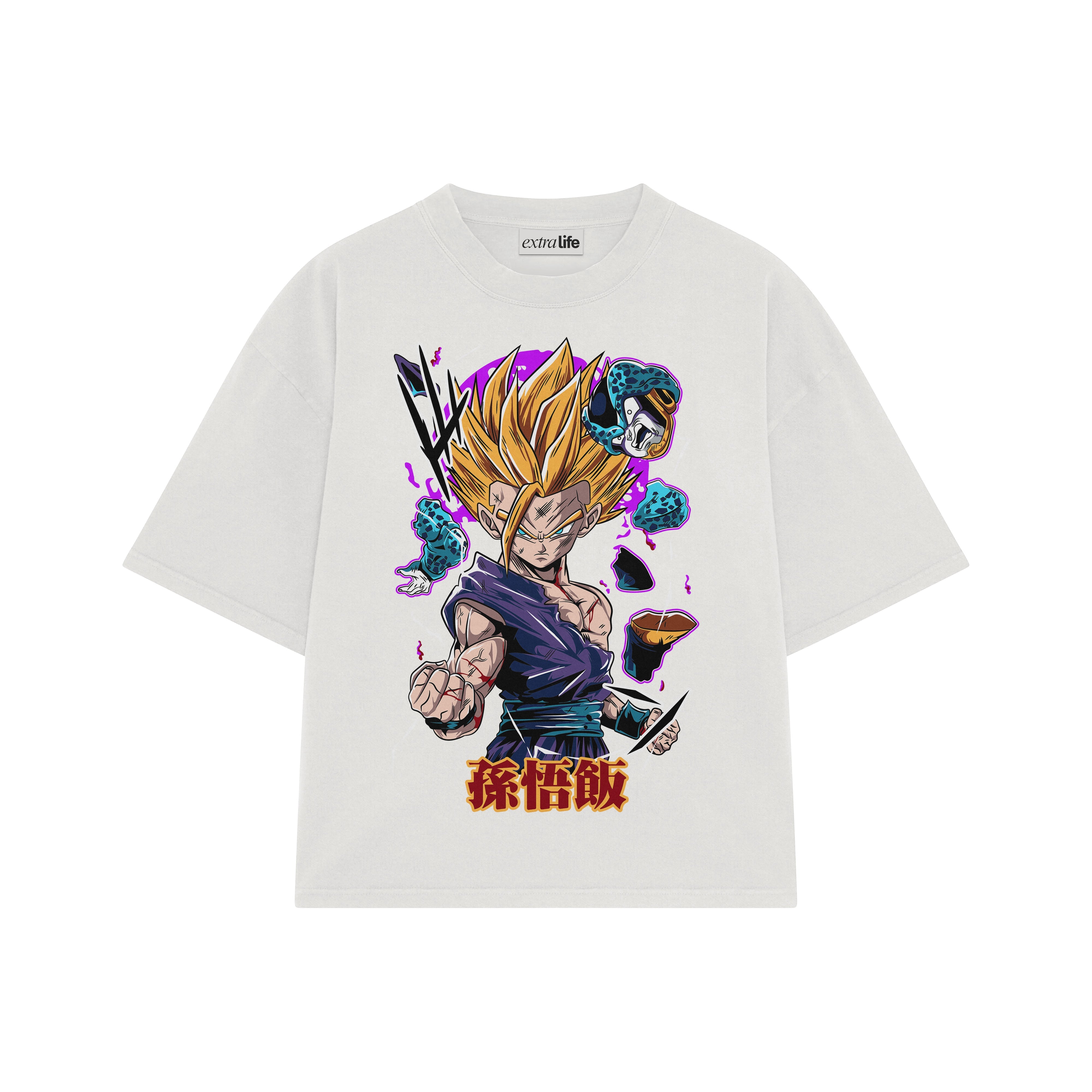 Playera streetwear premium de anime y gaming ExtraLife MX, corte boxy oversized drop shoulder heavyweight en color Deep Black y Off-White, moda urbana mexicana de culto.