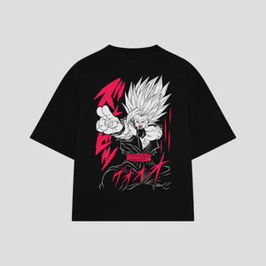 Playera streetwear premium de anime y gaming ExtraLife MX, corte boxy oversized drop shoulder heavyweight en color Deep Black y Off-White, moda urbana mexicana de culto.