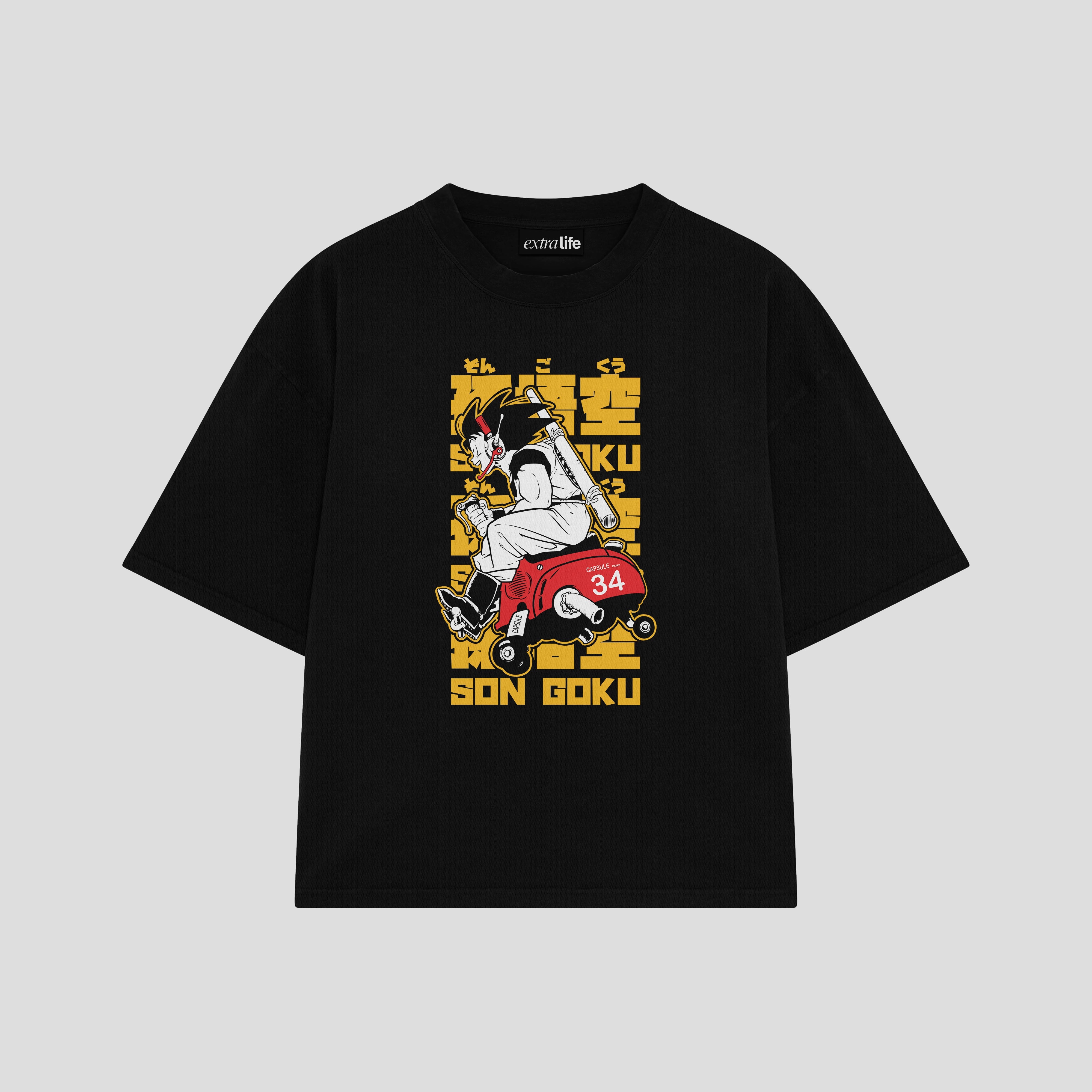 Playera streetwear premium de anime y gaming ExtraLife MX, corte boxy oversized drop shoulder heavyweight en color Deep Black y Off-White, moda urbana mexicana de culto.