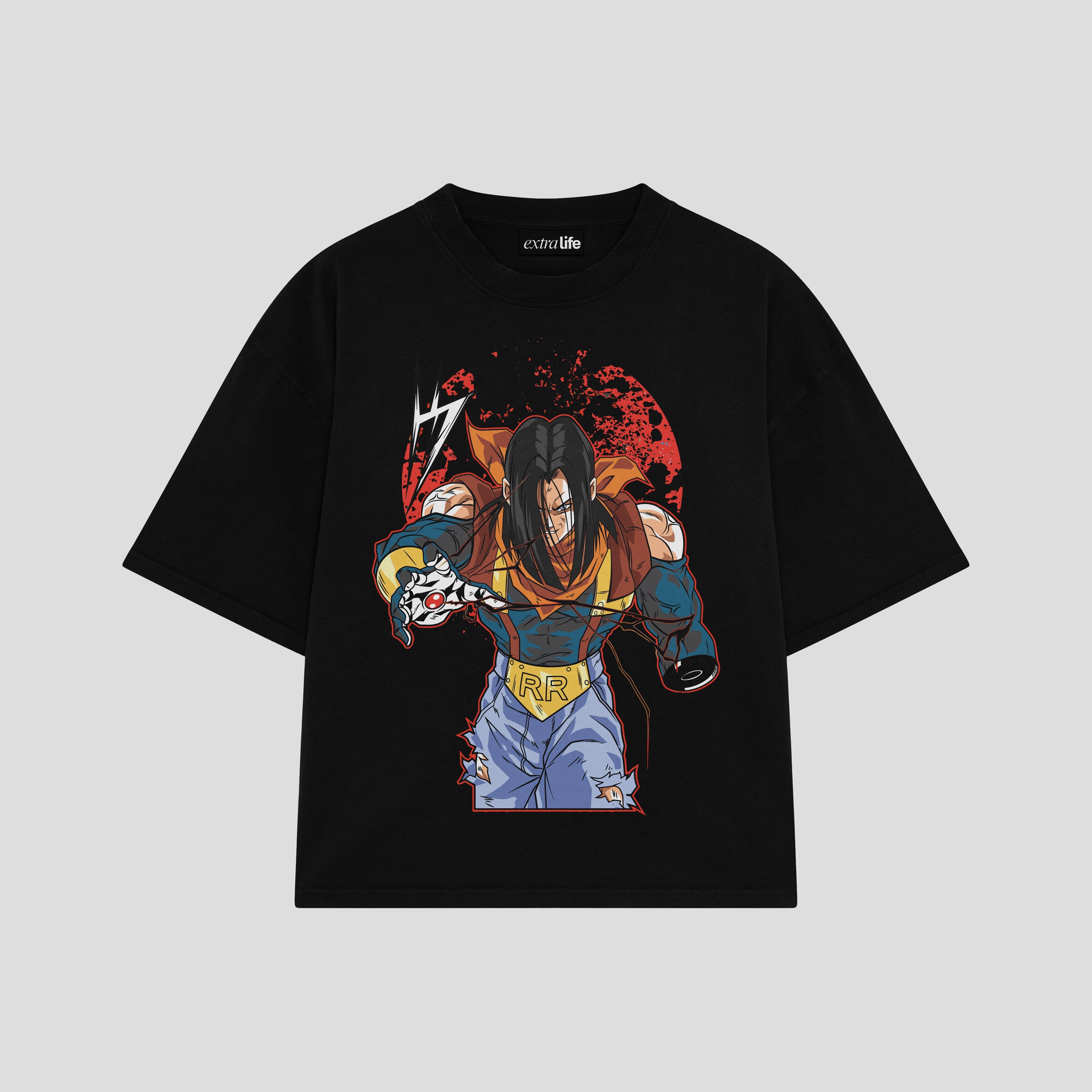 Playera streetwear premium de anime y gaming ExtraLife MX, corte boxy oversized drop shoulder heavyweight en color Deep Black y Off-White, moda urbana mexicana de culto.
