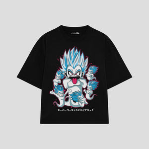 Playera streetwear premium de anime y gaming ExtraLife MX, corte boxy oversized drop shoulder heavyweight en color Deep Black y Off-White, moda urbana mexicana de culto.