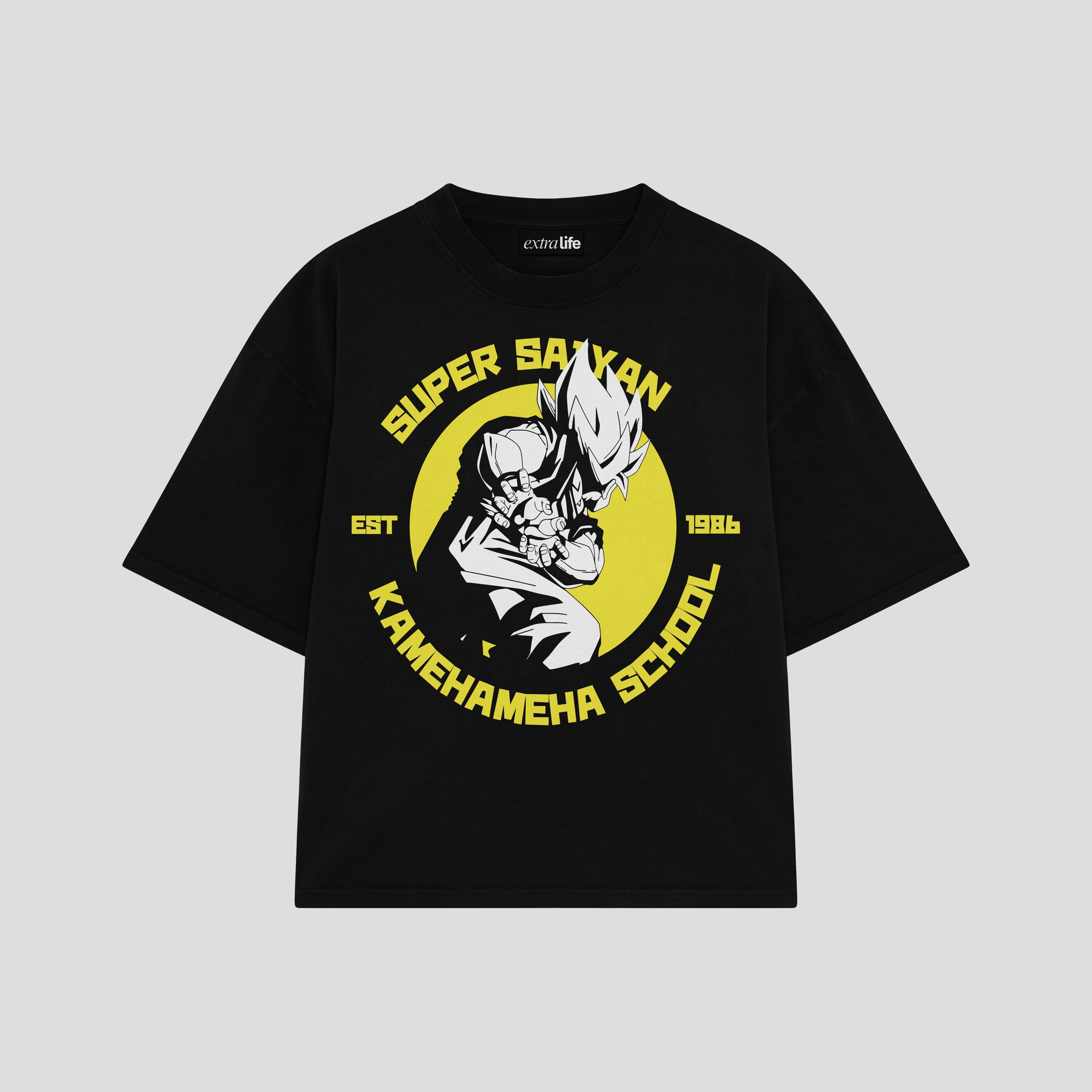 Playera streetwear premium de anime y gaming ExtraLife MX, corte boxy oversized drop shoulder heavyweight en color Deep Black y Off-White, moda urbana mexicana de culto.