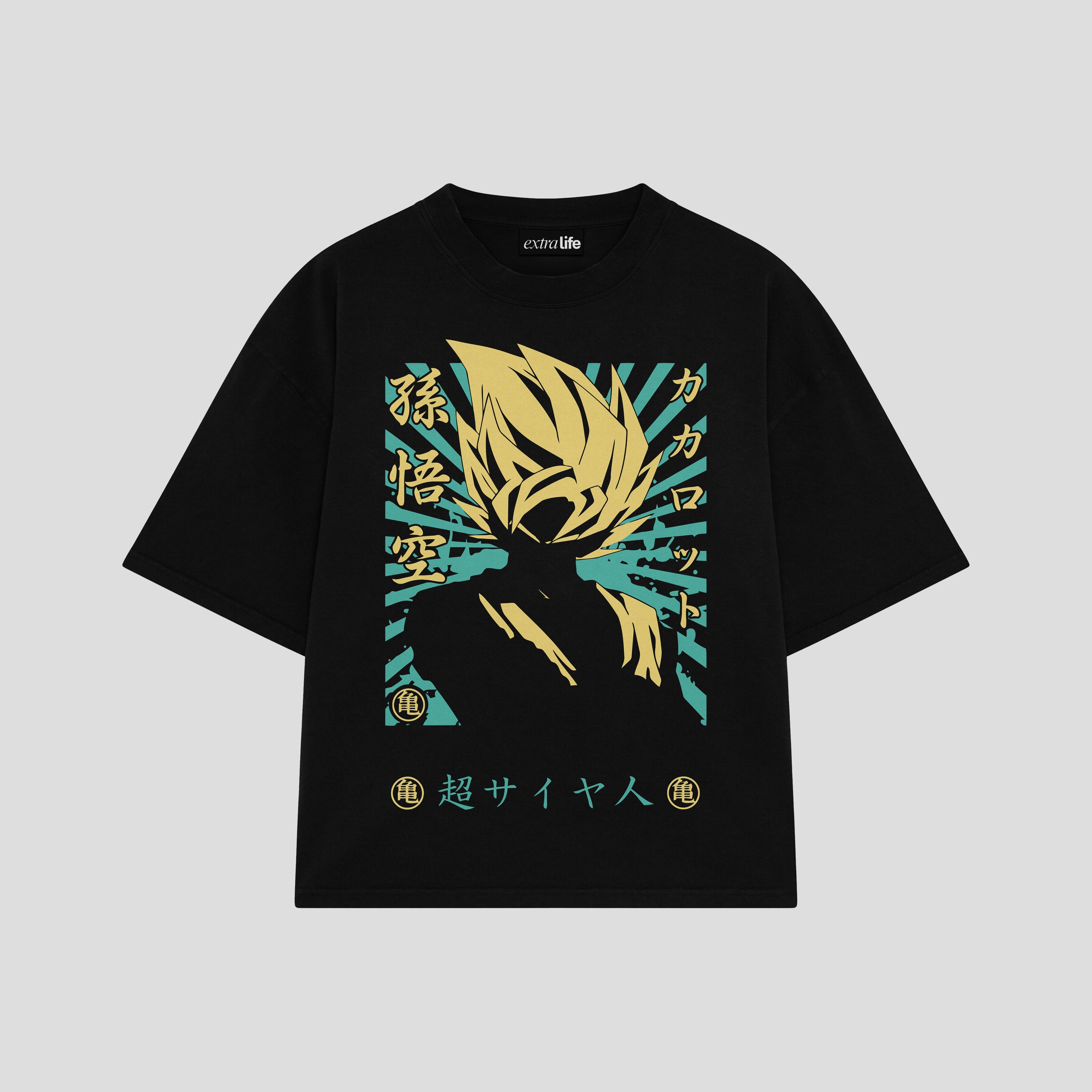 Playera streetwear premium de anime y gaming ExtraLife MX, corte boxy oversized drop shoulder heavyweight en color Deep Black y Off-White, moda urbana mexicana de culto.