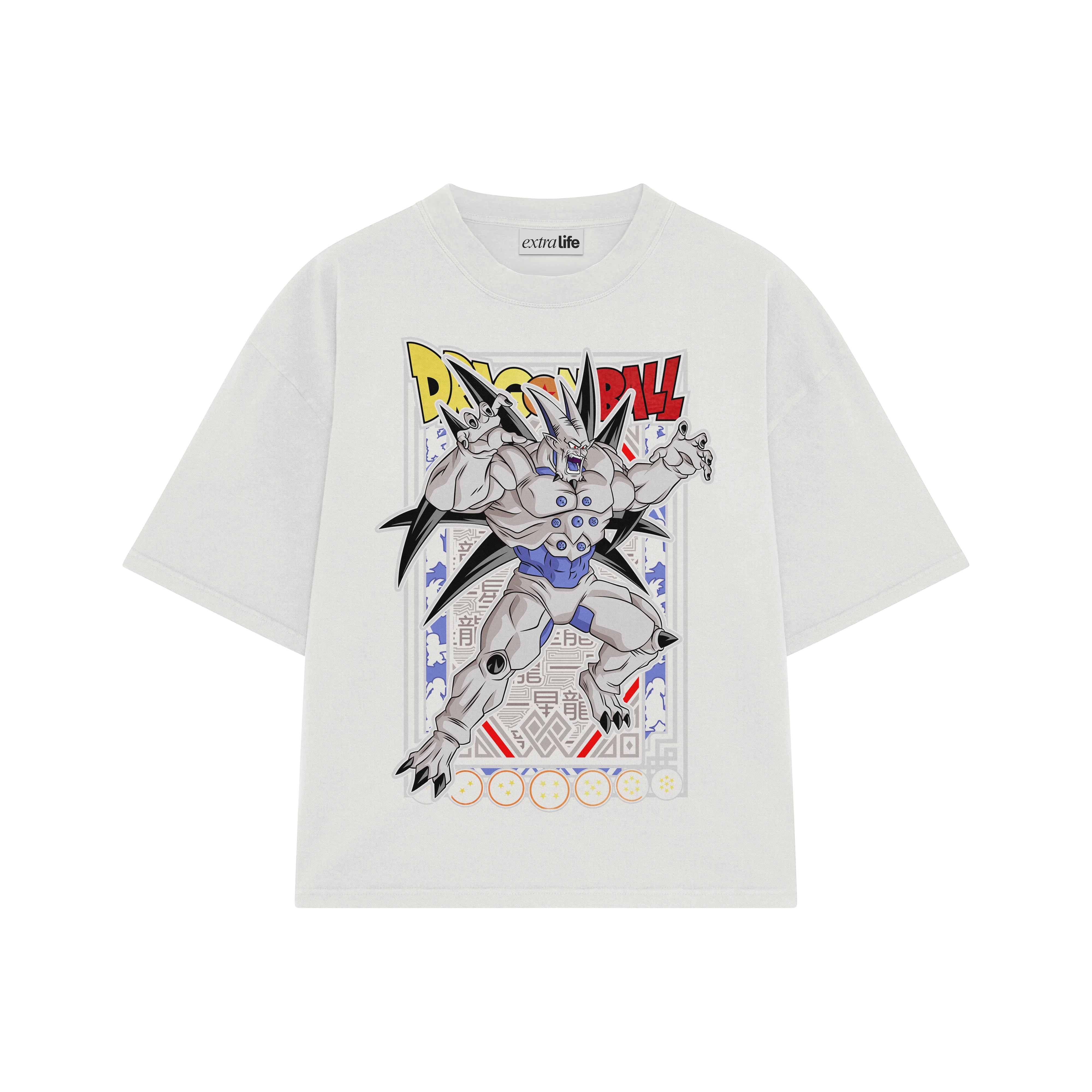 Playera streetwear premium de anime y gaming ExtraLife MX, corte boxy oversized drop shoulder heavyweight en color Deep Black y Off-White, moda urbana mexicana de culto.