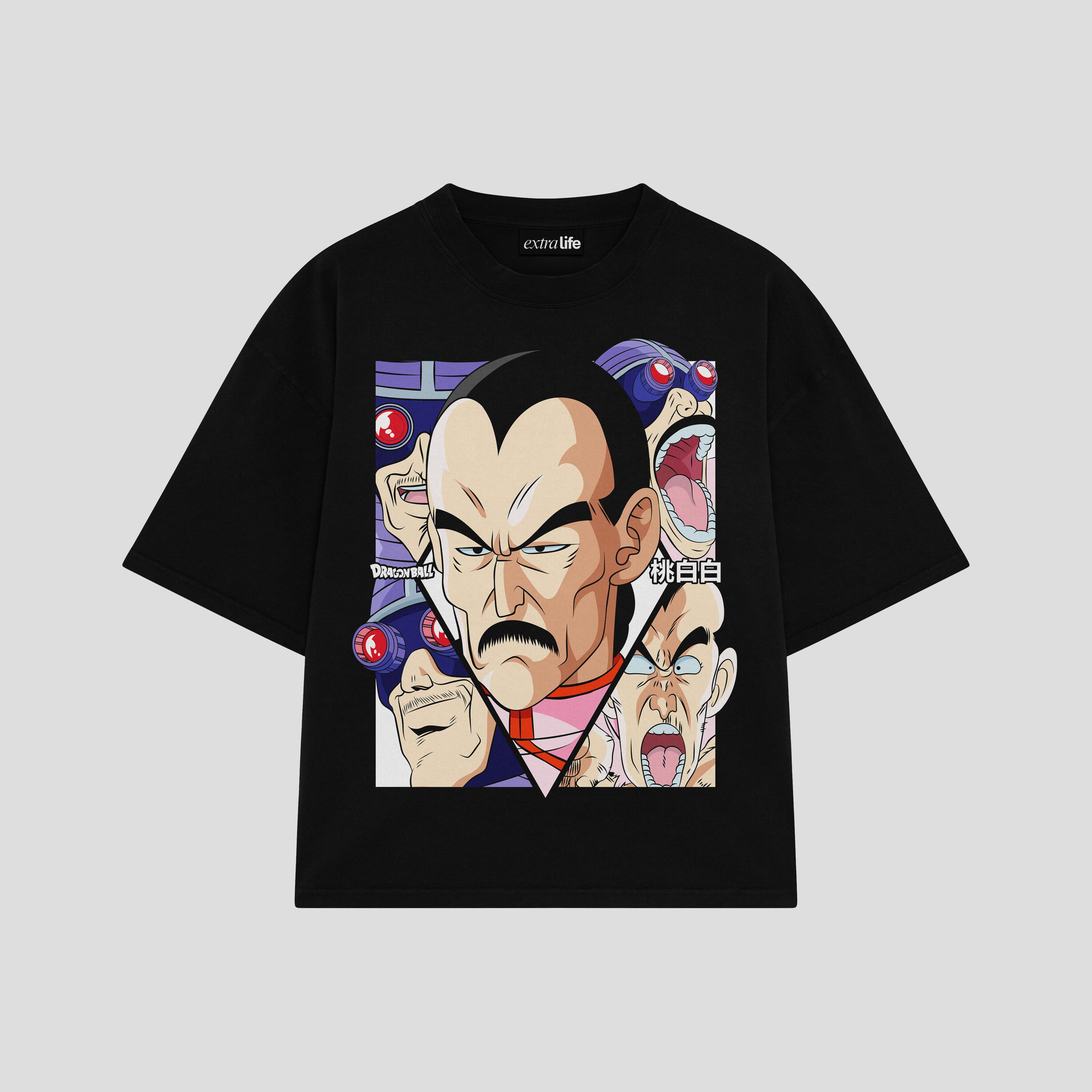 Playera streetwear premium de anime y gaming ExtraLife MX, corte boxy oversized drop shoulder heavyweight en color Deep Black y Off-White, moda urbana mexicana de culto.