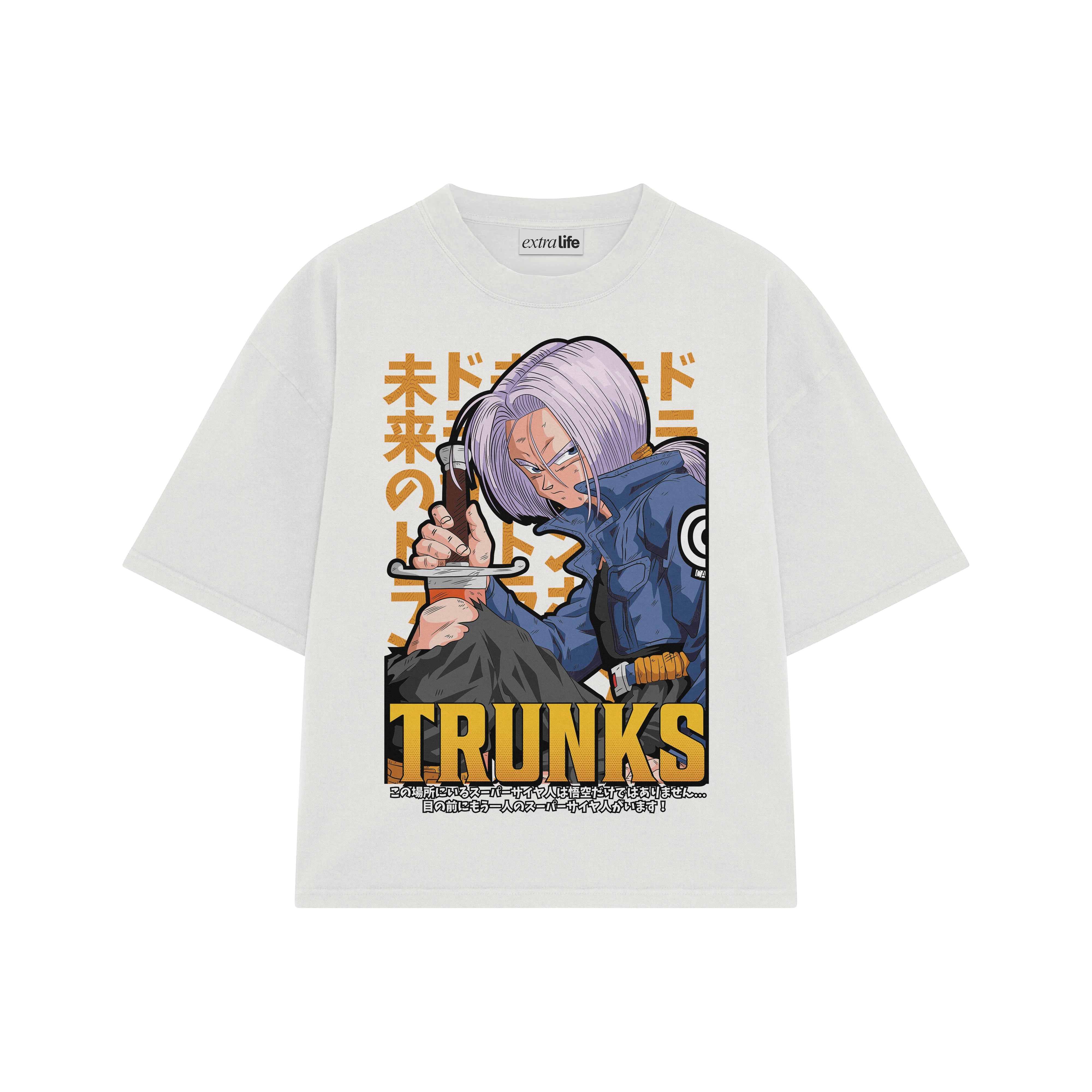 Playera streetwear premium de anime y gaming ExtraLife MX, corte boxy oversized drop shoulder heavyweight en color Deep Black y Off-White, moda urbana mexicana de culto.