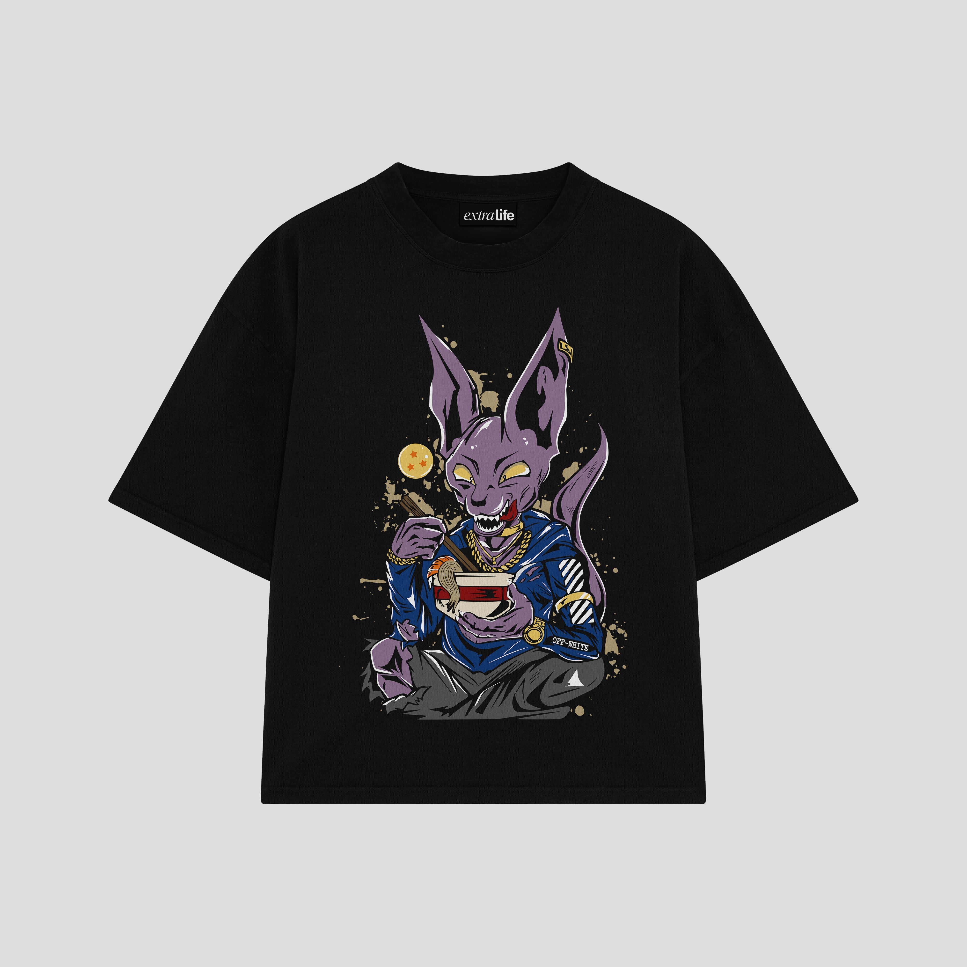 Playera streetwear premium de anime y gaming ExtraLife MX, corte boxy oversized drop shoulder heavyweight en color Deep Black y Off-White, moda urbana mexicana de culto.