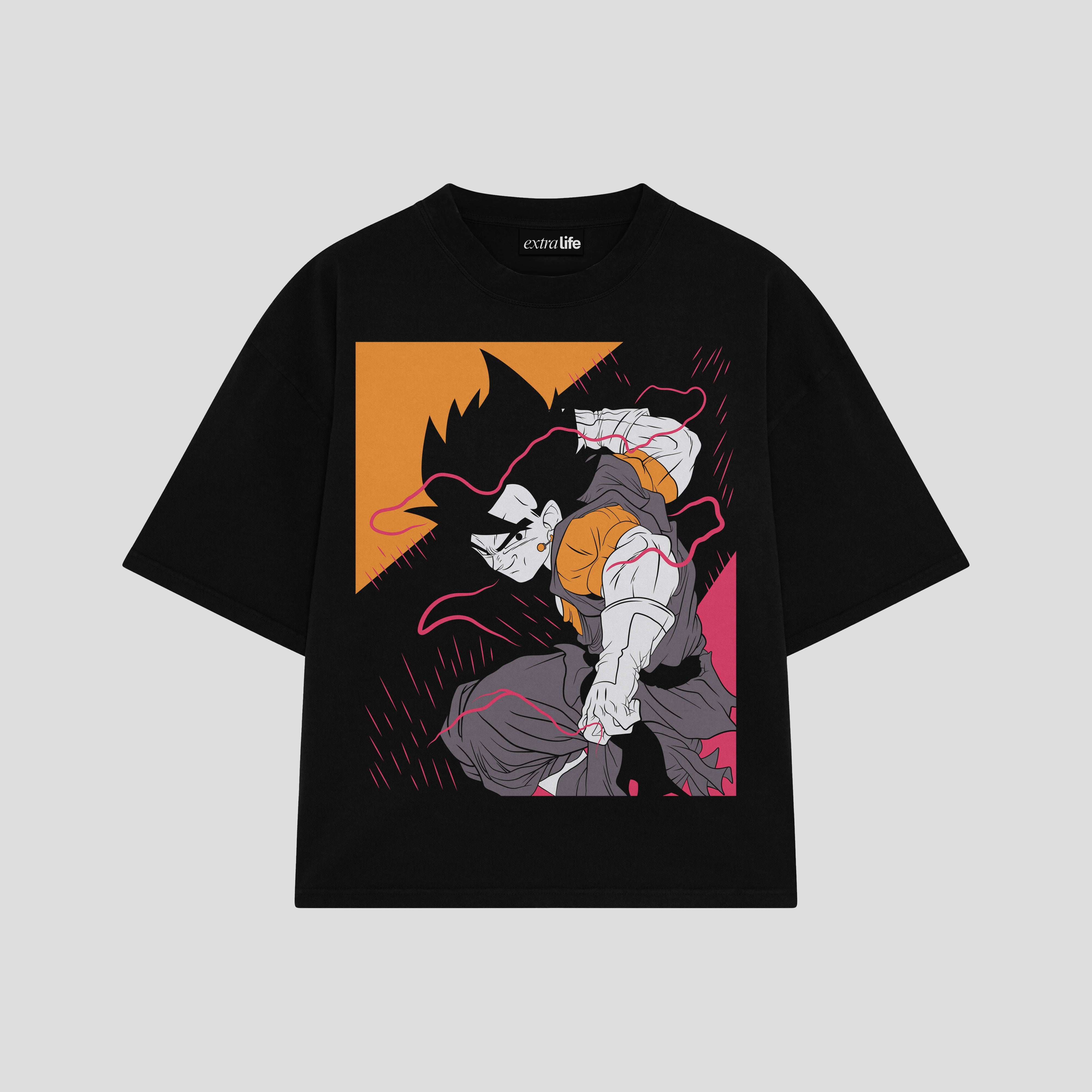 Playera streetwear premium de anime y gaming ExtraLife MX, corte boxy oversized drop shoulder heavyweight en color Deep Black y Off-White, moda urbana mexicana de culto.