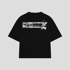 Playera streetwear premium de anime y gaming ExtraLife MX, corte boxy oversized drop shoulder heavyweight en color Deep Black y Off-White, moda urbana mexicana de culto.
