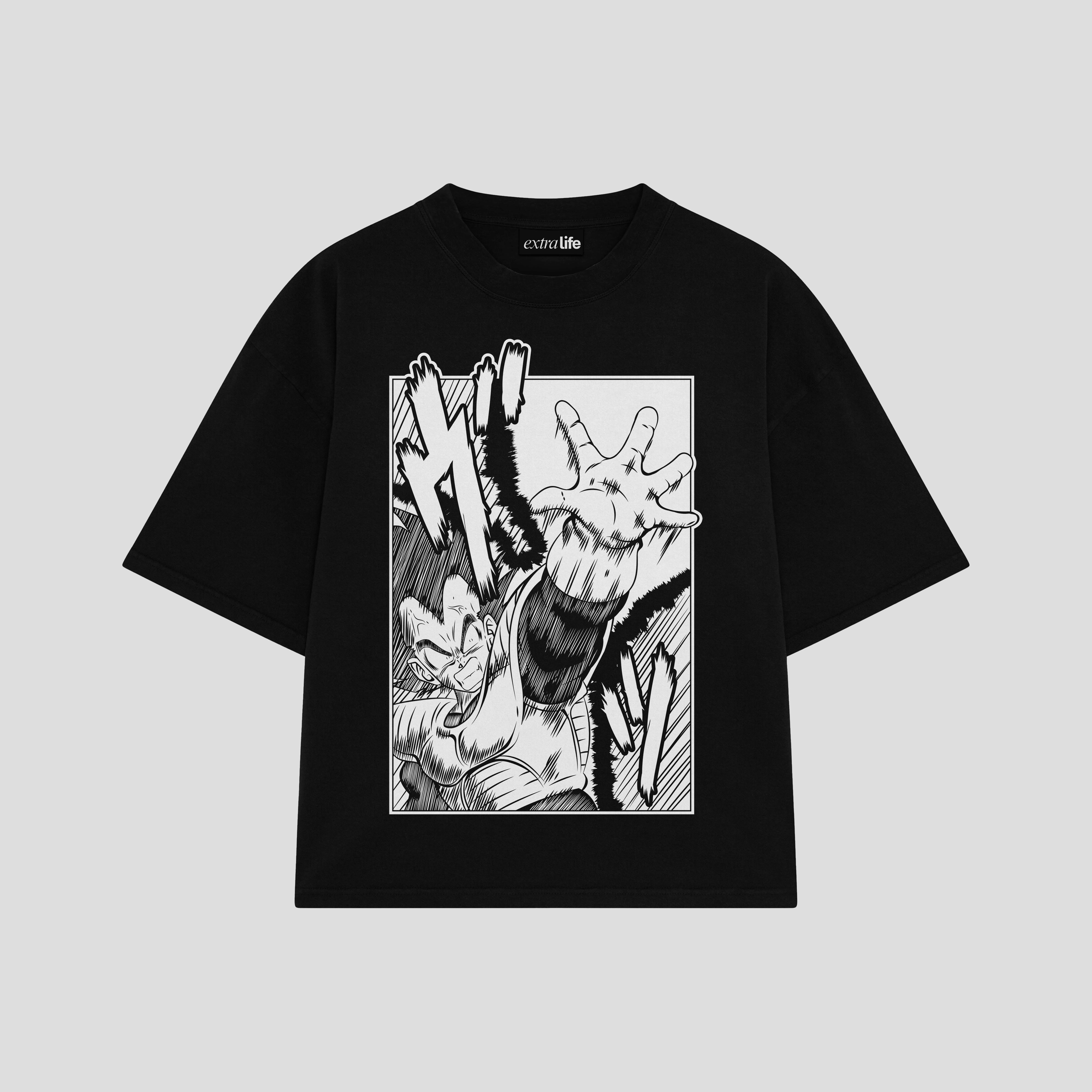 Playera streetwear premium de anime y gaming ExtraLife MX, corte boxy oversized drop shoulder heavyweight en color Deep Black y Off-White, moda urbana mexicana de culto.